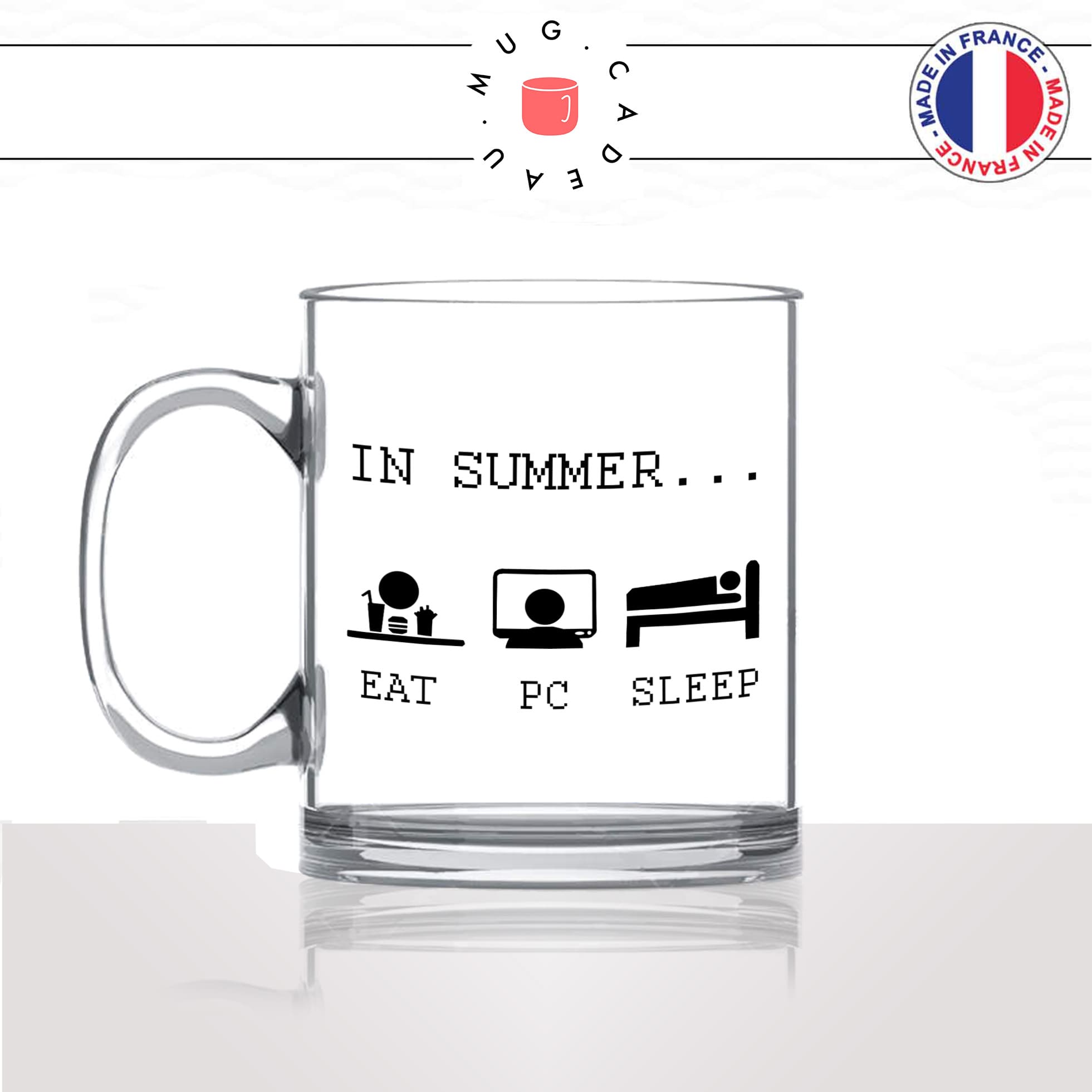 mug-tasse-en-verre-transparent-glass-geek-in-summer-eat-pc-sleep-été-jeux-video-gamer-gaming-drole-original-idée-cadeau-fun-cool-café-thé