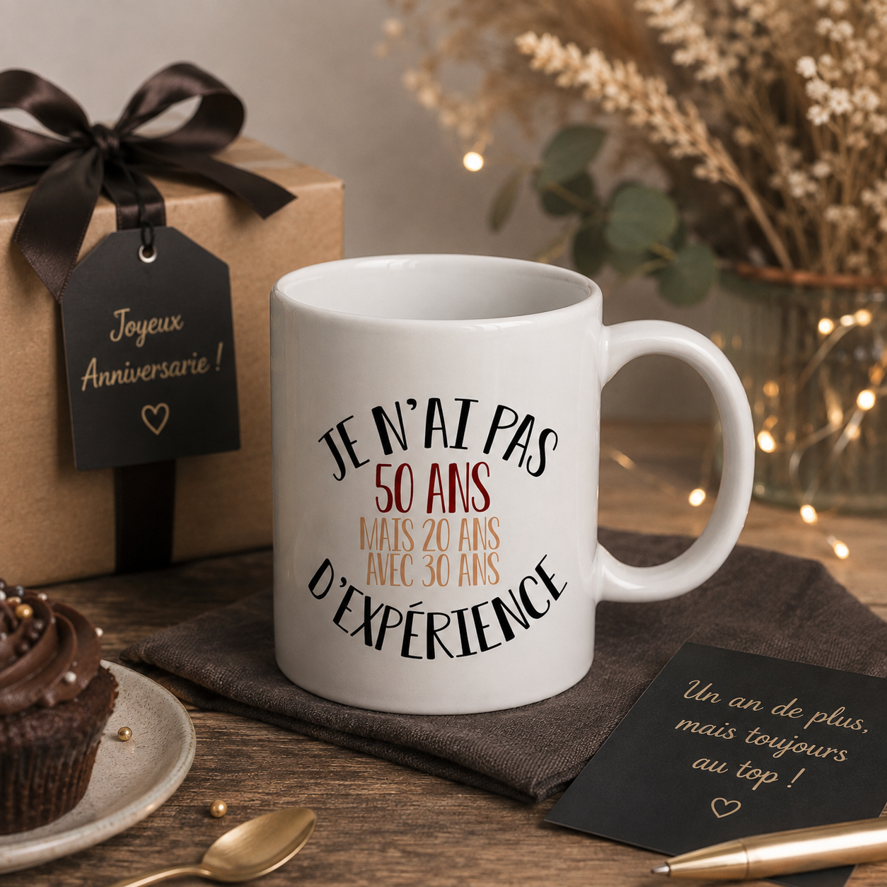 Mug anniversaire 50 ans humour, je n'ai pas 50 ans mais 20 ans avec 30 ans d'expérience