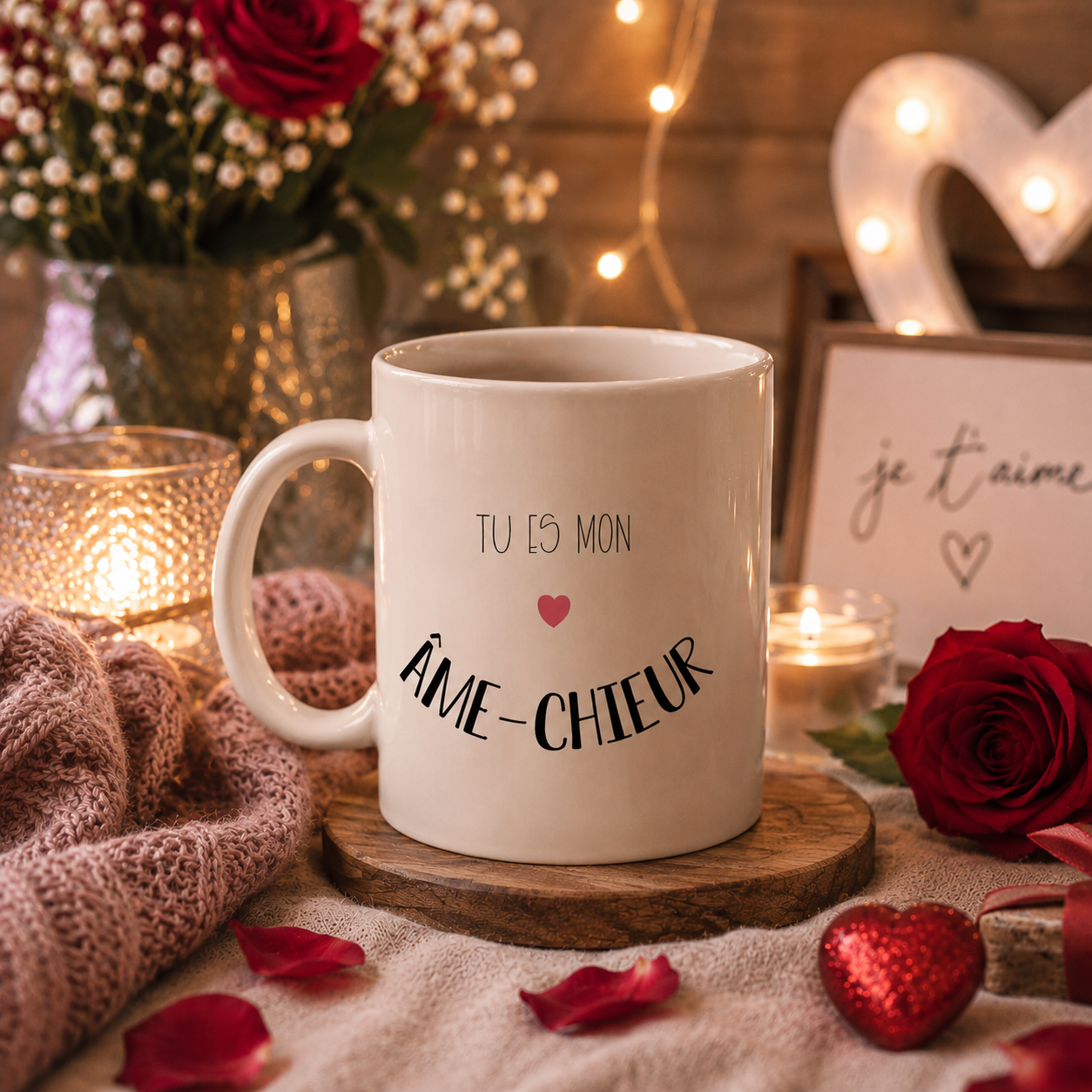 Mug humoristique Tu es mon âme-chieur, idée cadeau Saint-Valentin avec roses rouges et bougies