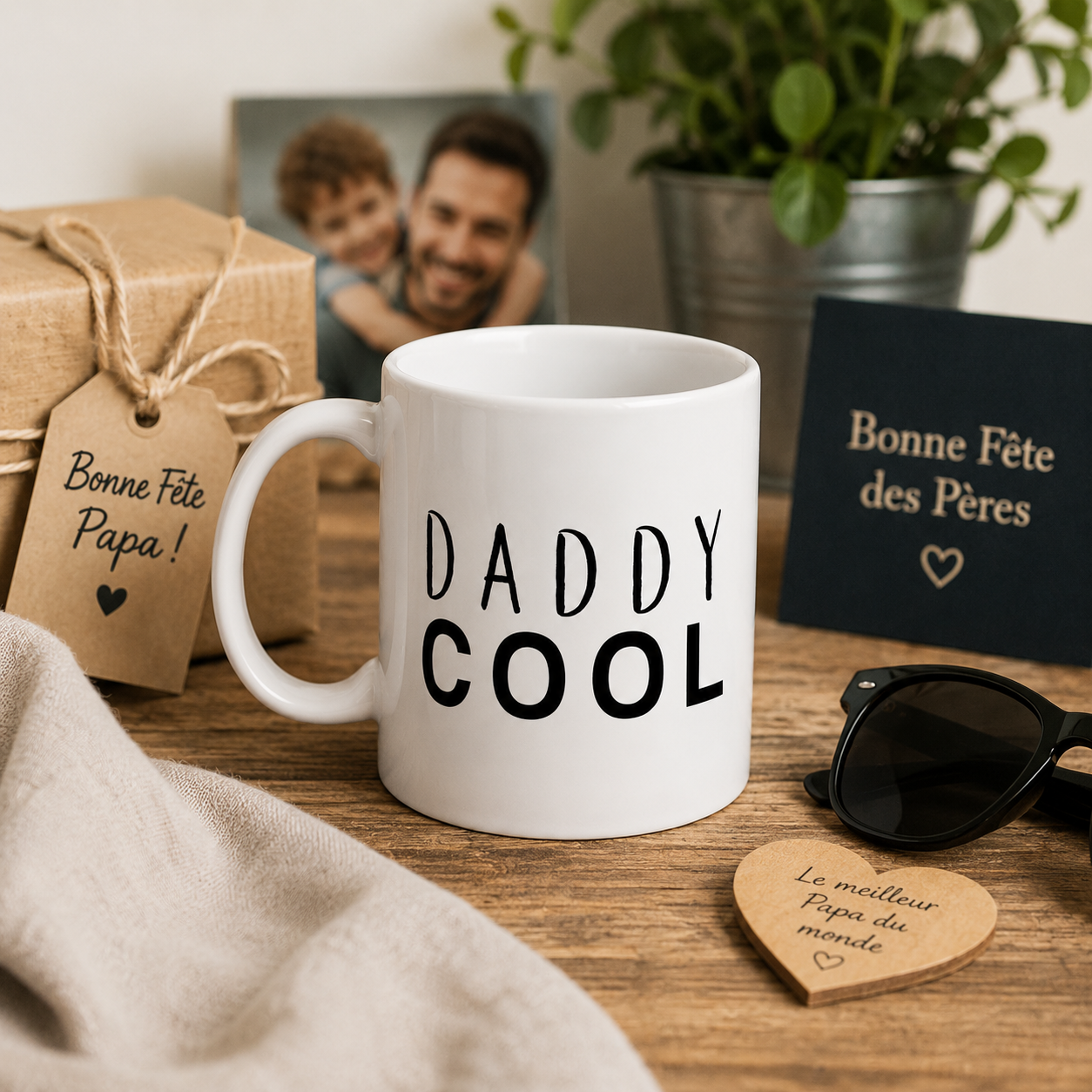 Mug Daddy Cool cadeau fête des pères, posé sur une table en bois avec un cadeau et une carte