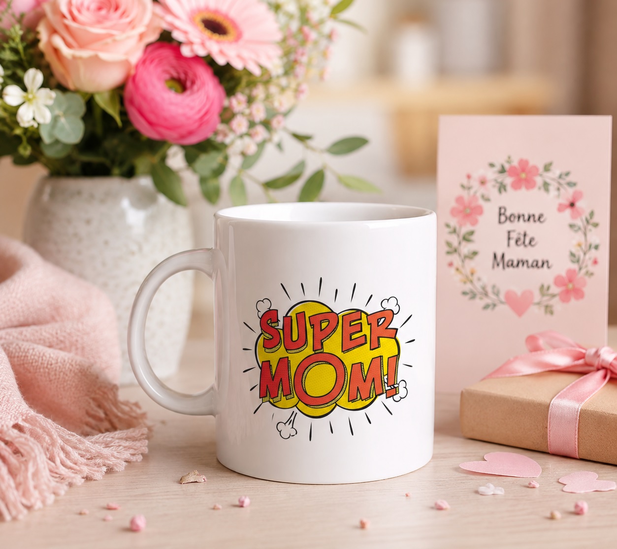 Mug Super Mom cadeau fête des mères, entouré de fleurs roses et d'une carte bonne fête maman