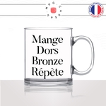 mug-tasse-en-verre-transparent-cadeau-mange-dors-bronze-repete-vacances-voyage-soleil-bronzage-été-humour-café-thé-personnalisé-personnalisable2