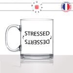 mug-tasse-en-verre-transparent-cadeau-stressed-dessert-stress-gateau-chocolat-gourmand-humour-café-thé-personnalisé-personnalisable