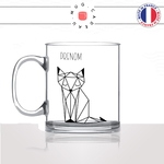 tasse-mug-en-verre-transparent-glass-renard-origami-prénom-personnalisable-dessin-mignon-animal-noir-fun-café-thé-idée-cadeau-original-personnalisé-min