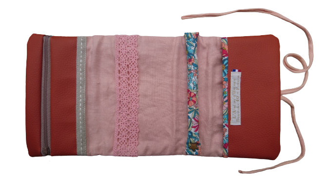 trousse bijoux tissu fleuri corail fait main