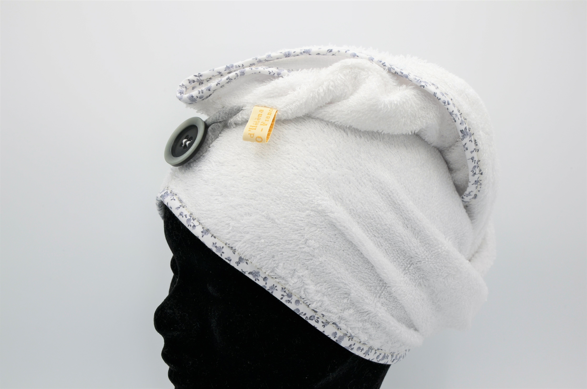 turban bain serviette seche cheveux éponge bambou blanc fleuri gris