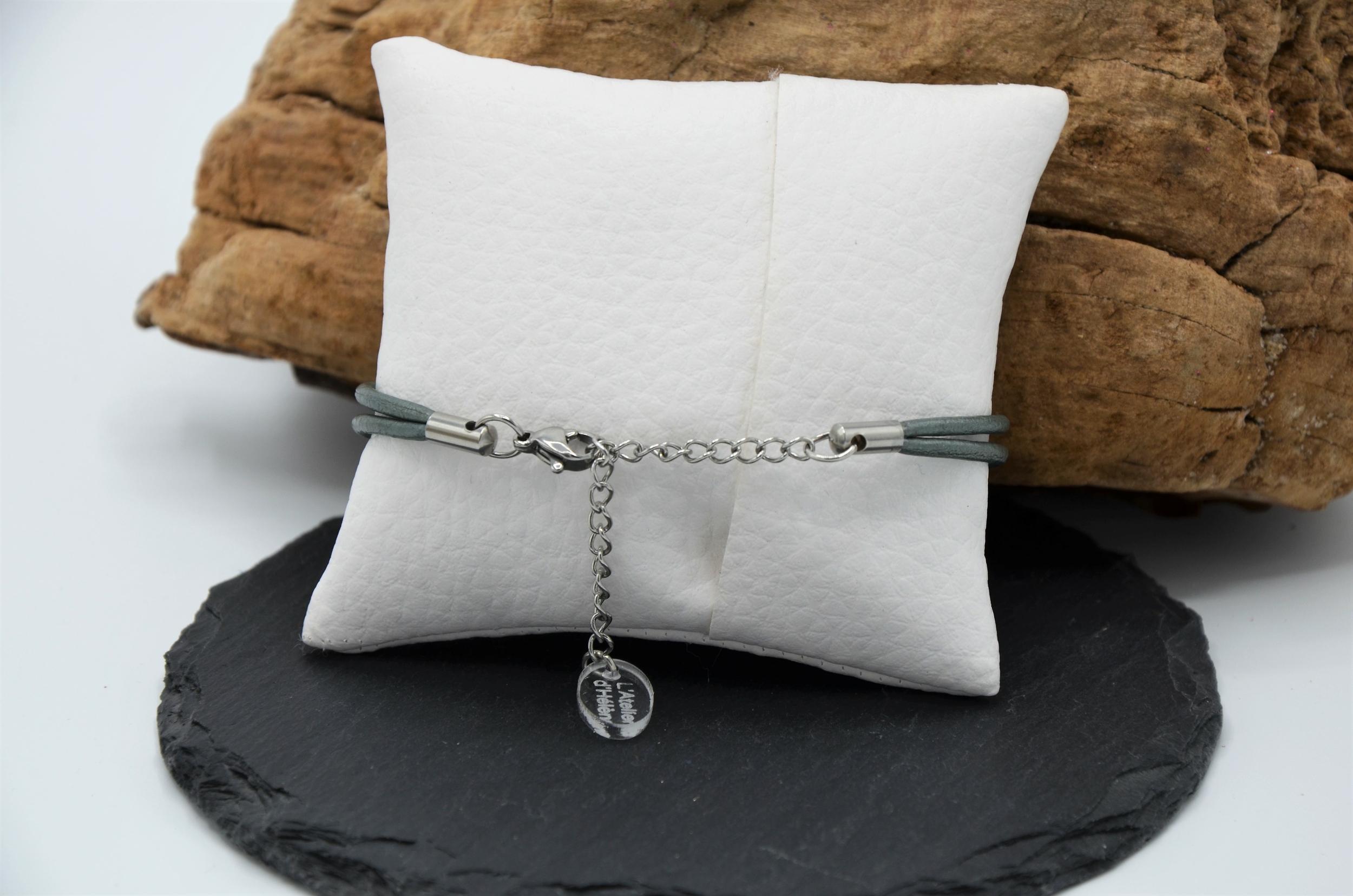 bracelet inox cuir yin yang argent foncé