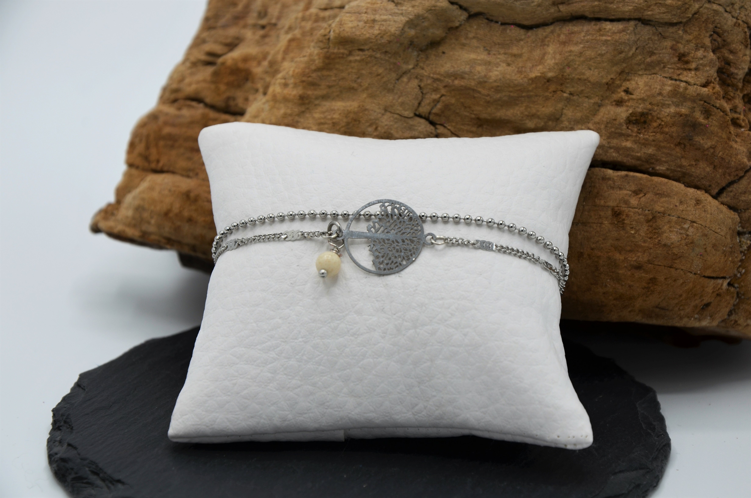bracelet chaines acier inox arbre vie pierre marbre blanc (2)