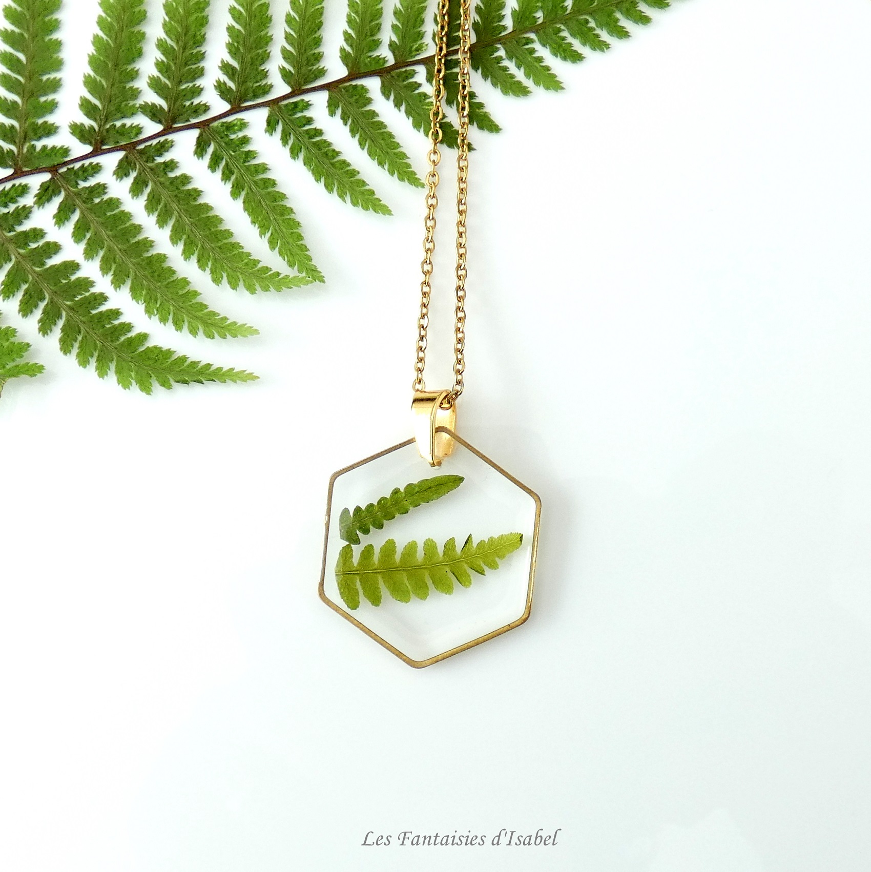 pendentif fougère landes fleur séchée naturelle vert acier inox or artisanal collier hexagone détail
