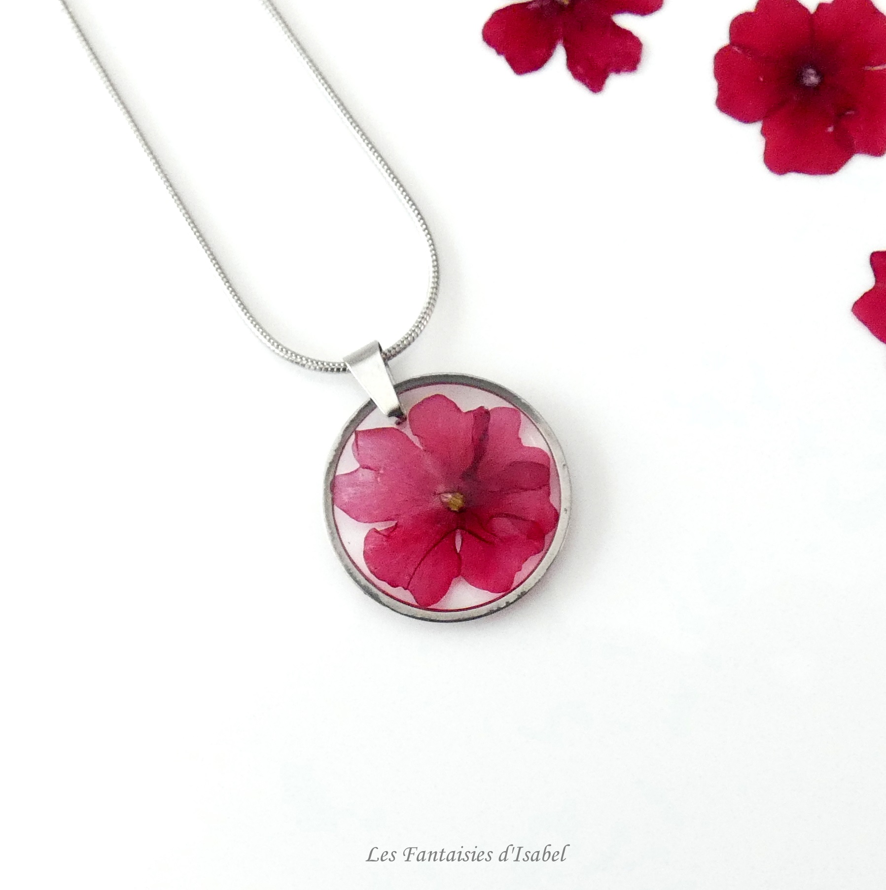 19-18-pendentif verveine rouge fleur séchée naturelle acier inox  artisanal collier rond détail