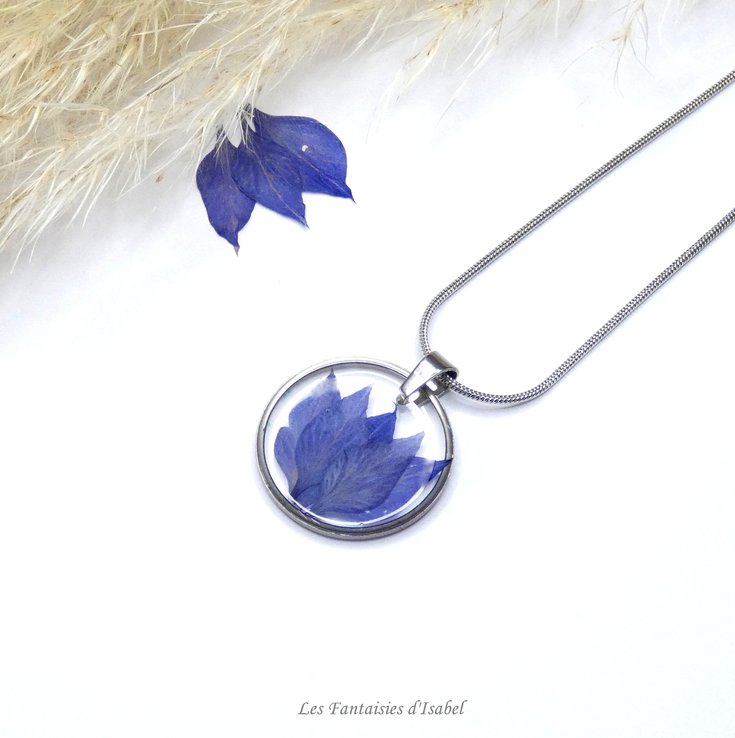 22-pendentif nigelle damas fleur séchée naturelle acier inox  artisanal collier rond détail