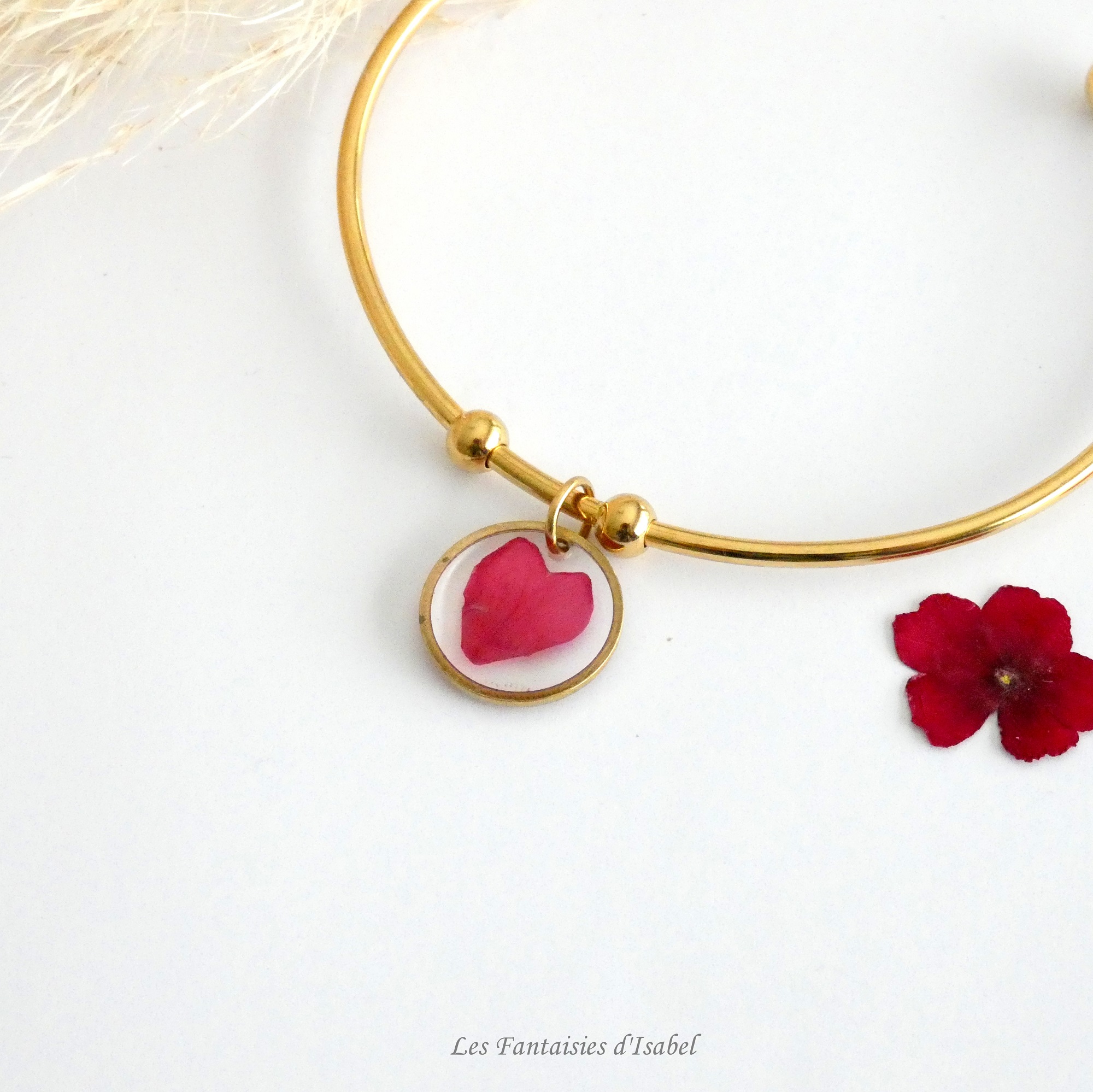 34-bracelet jonc doré acier inox pétale fleur verveine rouge artisanal landes détail
