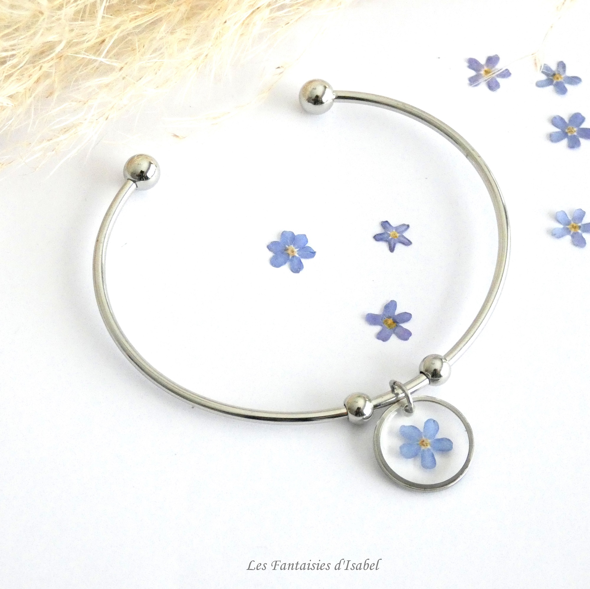 36-bracelet jonc acier inox fleur myosotis bleu artisanal landes