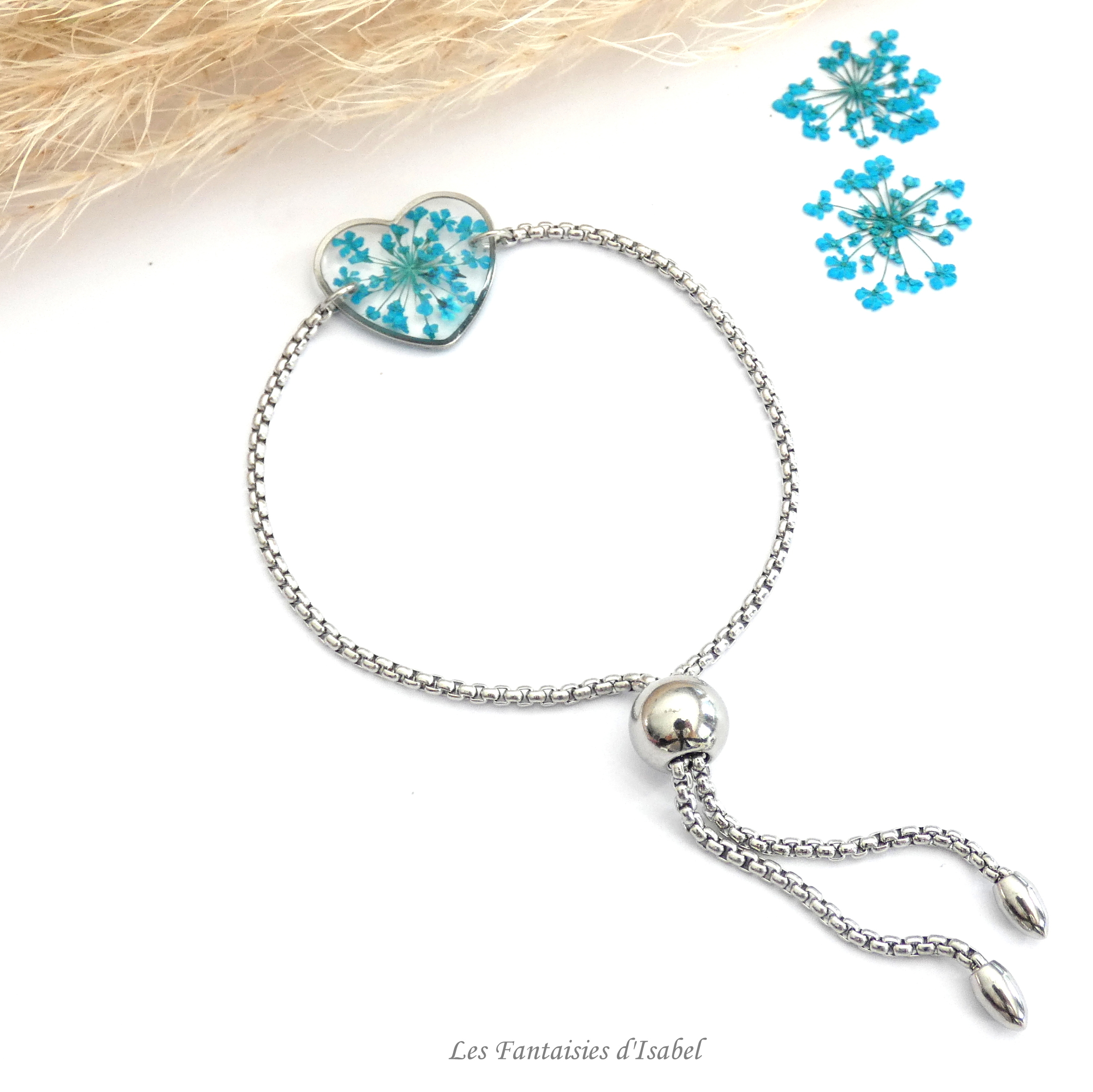 42-bracelet ajustable acier inox coeur fleur dentelle reine turquoise artisanal landes