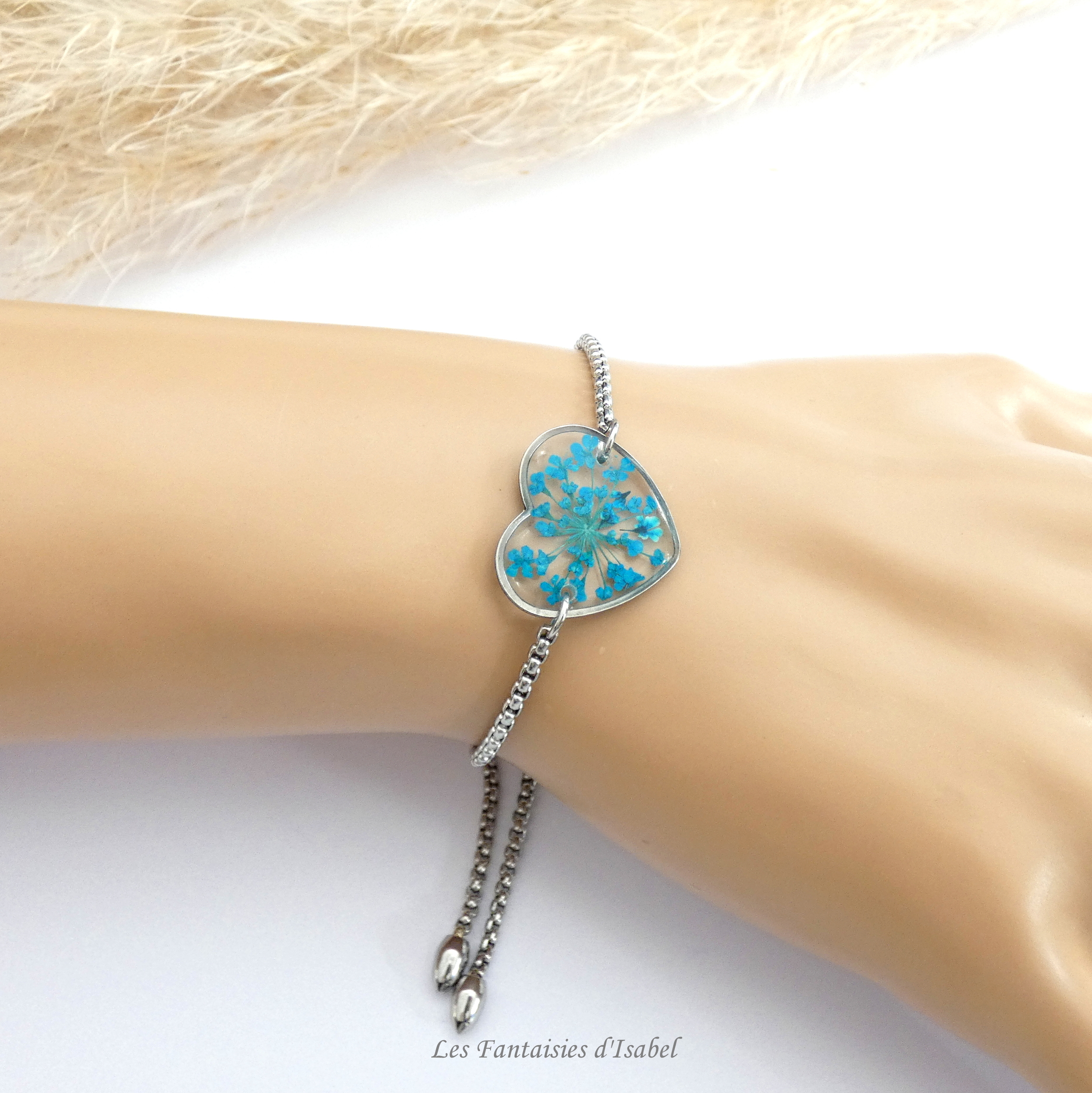 44-bracelet ajustable acier inox coeur fleur dentelle reine turquoise artisanal landes porté