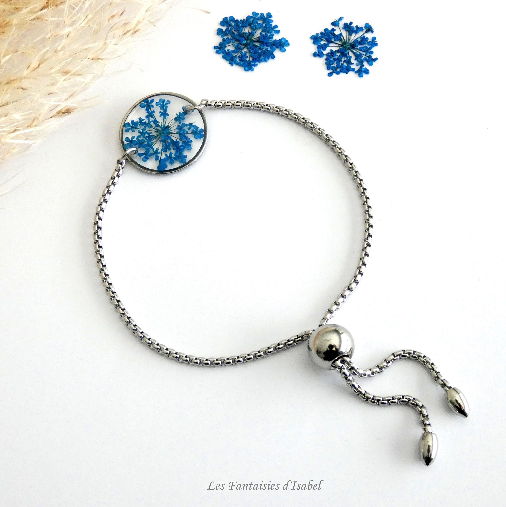 45-bracelet ajustable acier inox cercle fleur dentelle reine bleu roi artisanal landes