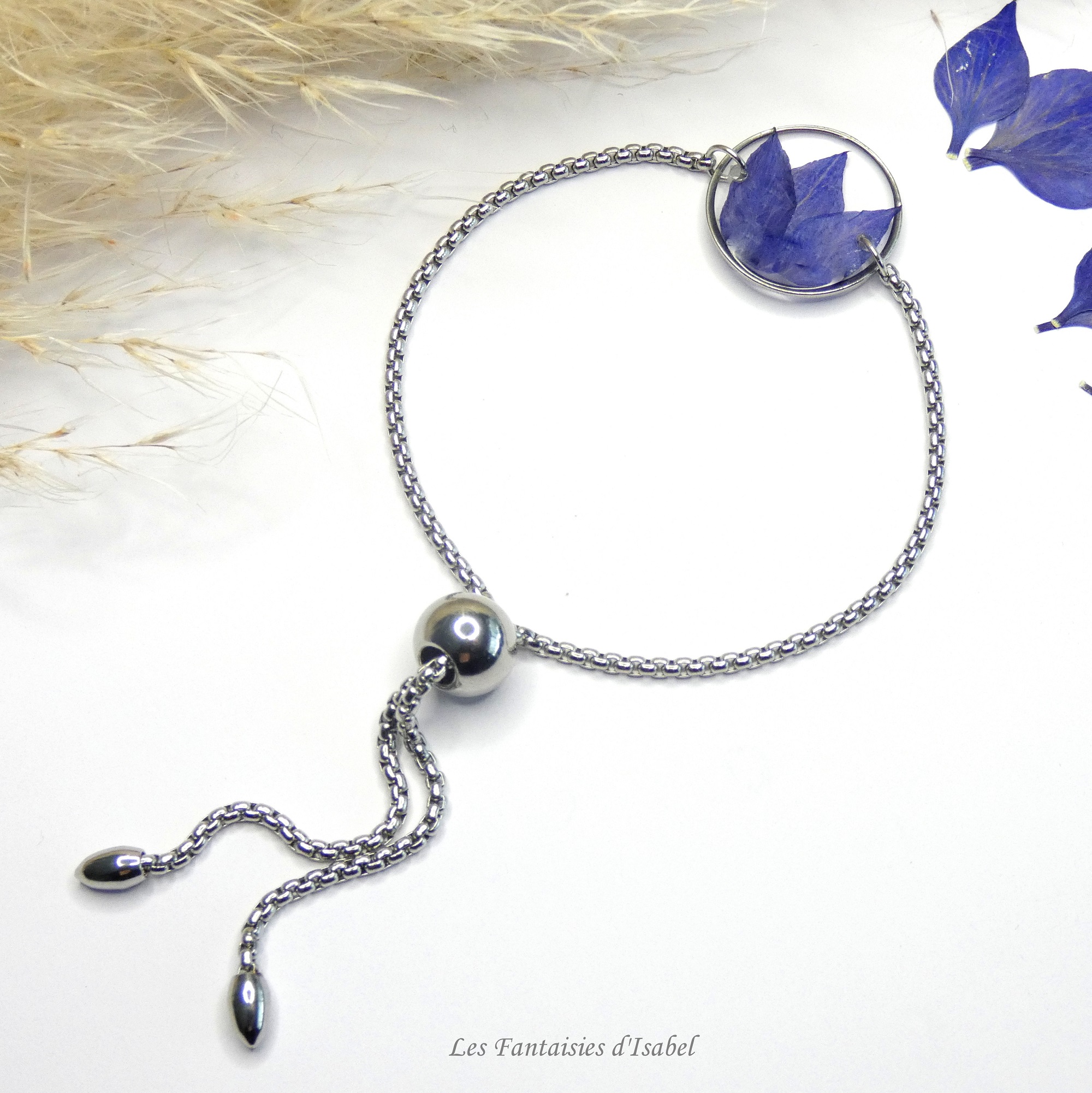 48-bracelet ajustable acier inox fleur nigelle damas bleu artisanal landes
