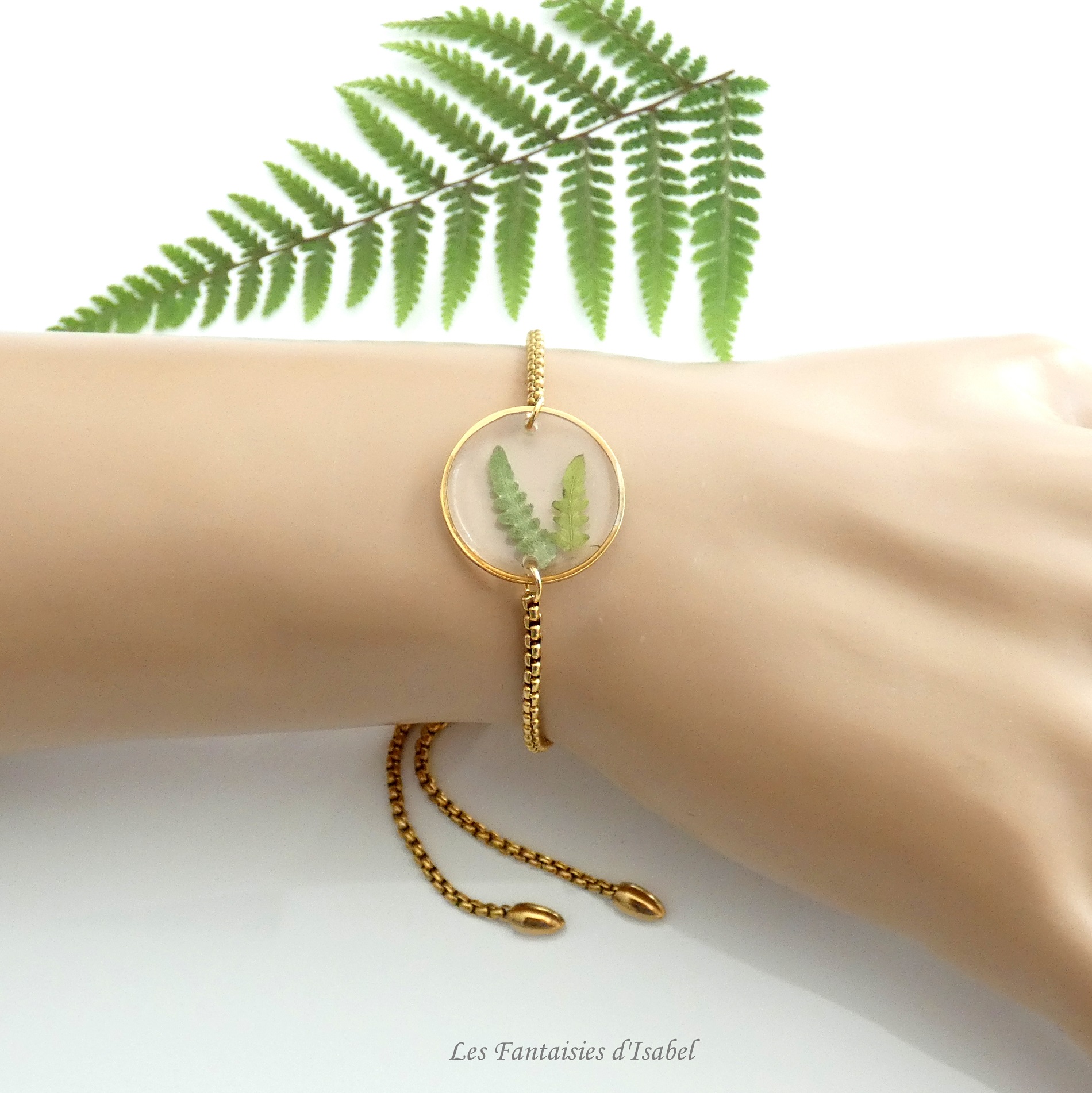 53-bracelet ajustable acier inox fleur fougères or cecle artisanal landes porté