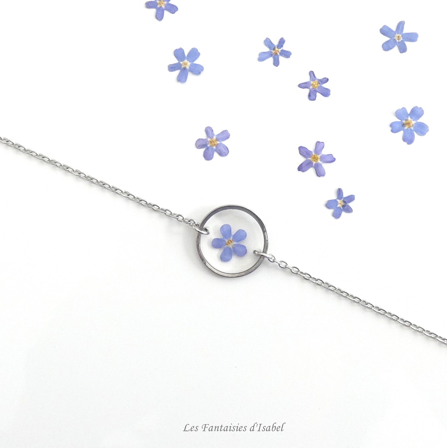 58-bracelet rond acier inox fleur myosotis bleu artisanal landes détail