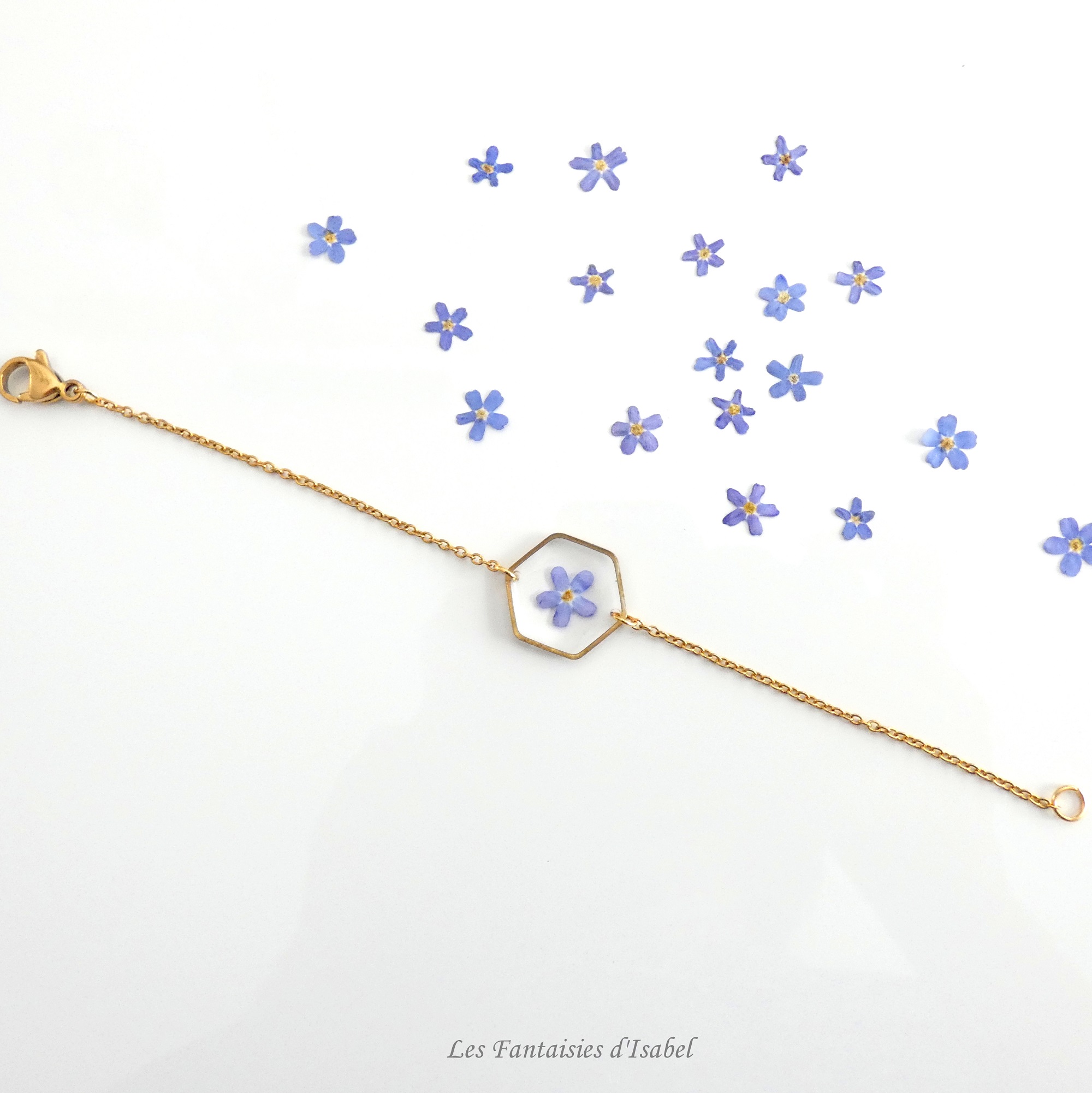60-bracelet hesagonal acier inox doré fleur myosotis bleu artisanal landes