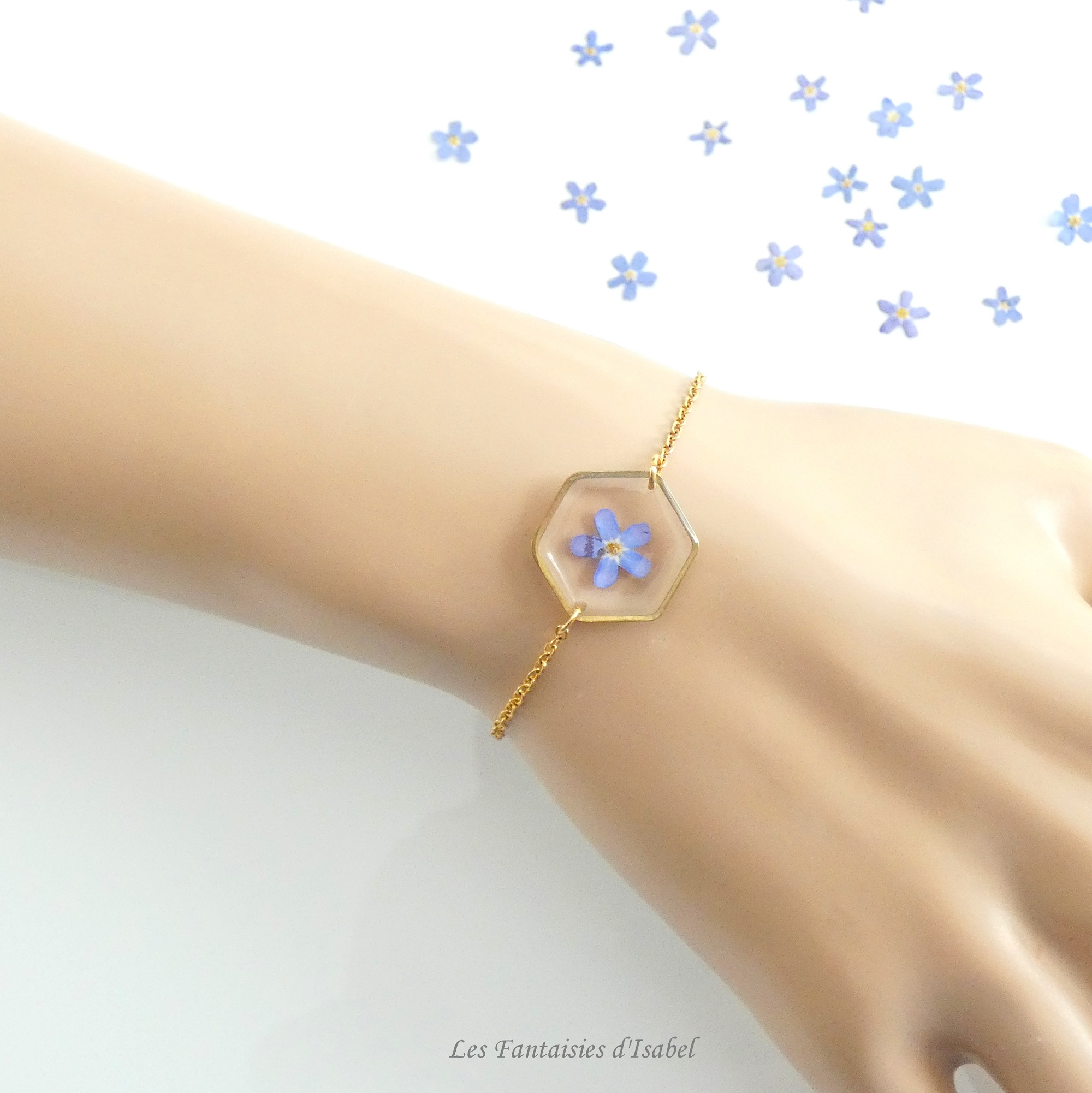 62-bracelet hesagonal acier inox doré fleur myosotis bleu artisanal landes porté