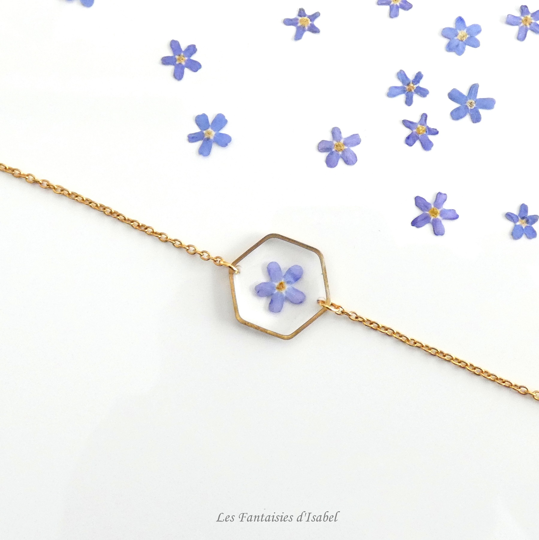 61-bracelet hesagonal acier inox doré fleur myosotis bleu artisanal landes détail