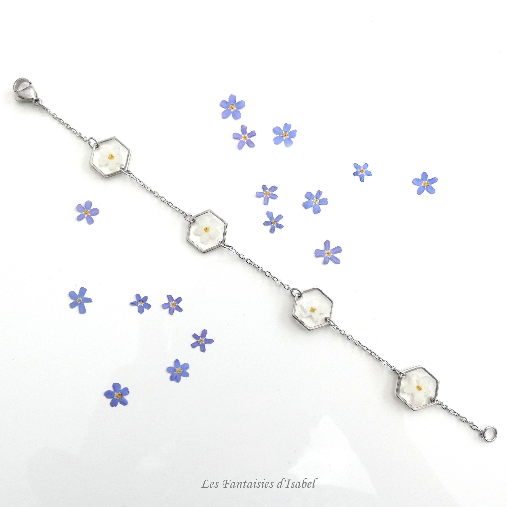 63-bracelet hexagonal acier inox fleur myosotis blanc artisanal landes