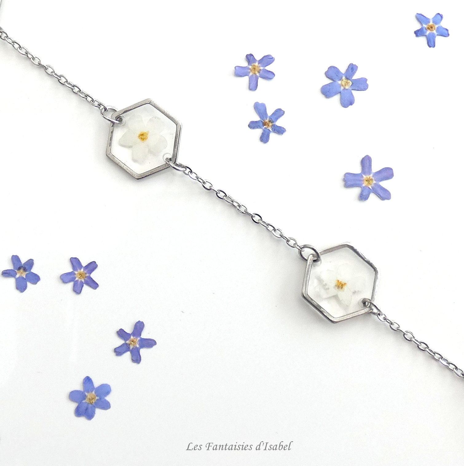 64-bracelet hexagonal acier inox fleur myosotis blanc artisanal landes