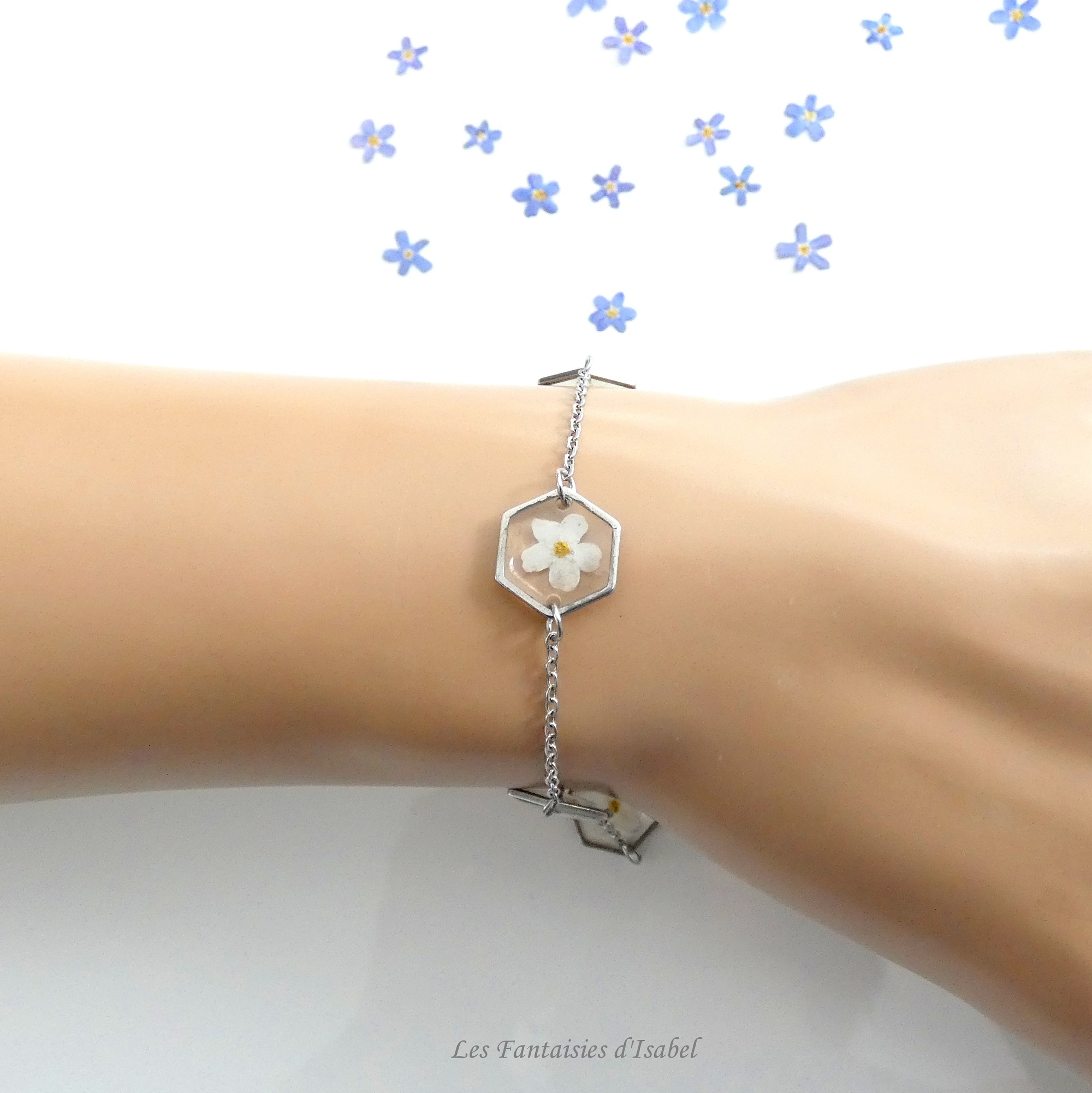 65-bracelet hexagonal acier inox fleur myosotis blanc artisanal landes porté