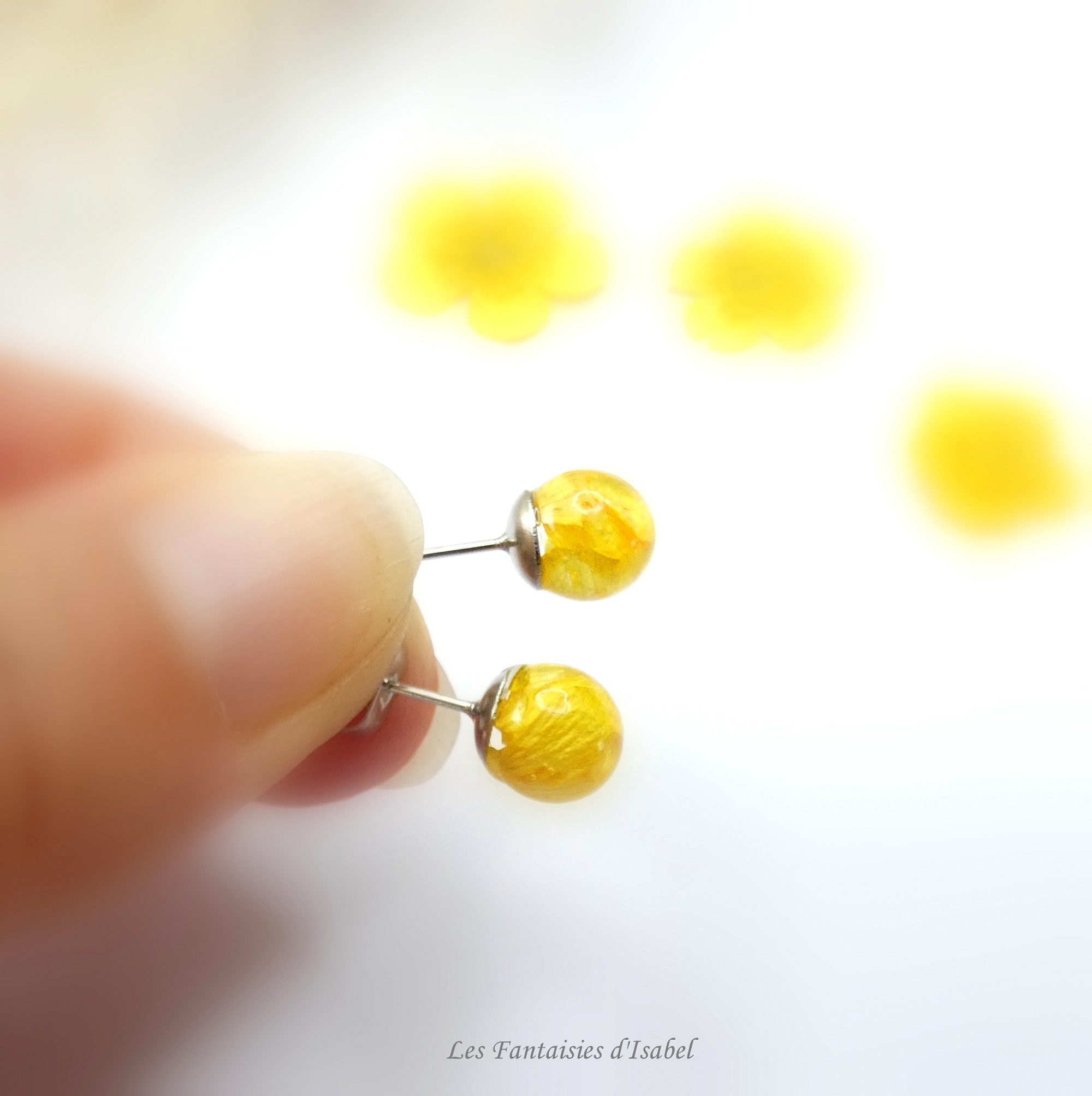 95-puces oreilles acier inox fleur séchée bouton or jaune fait main artisanal