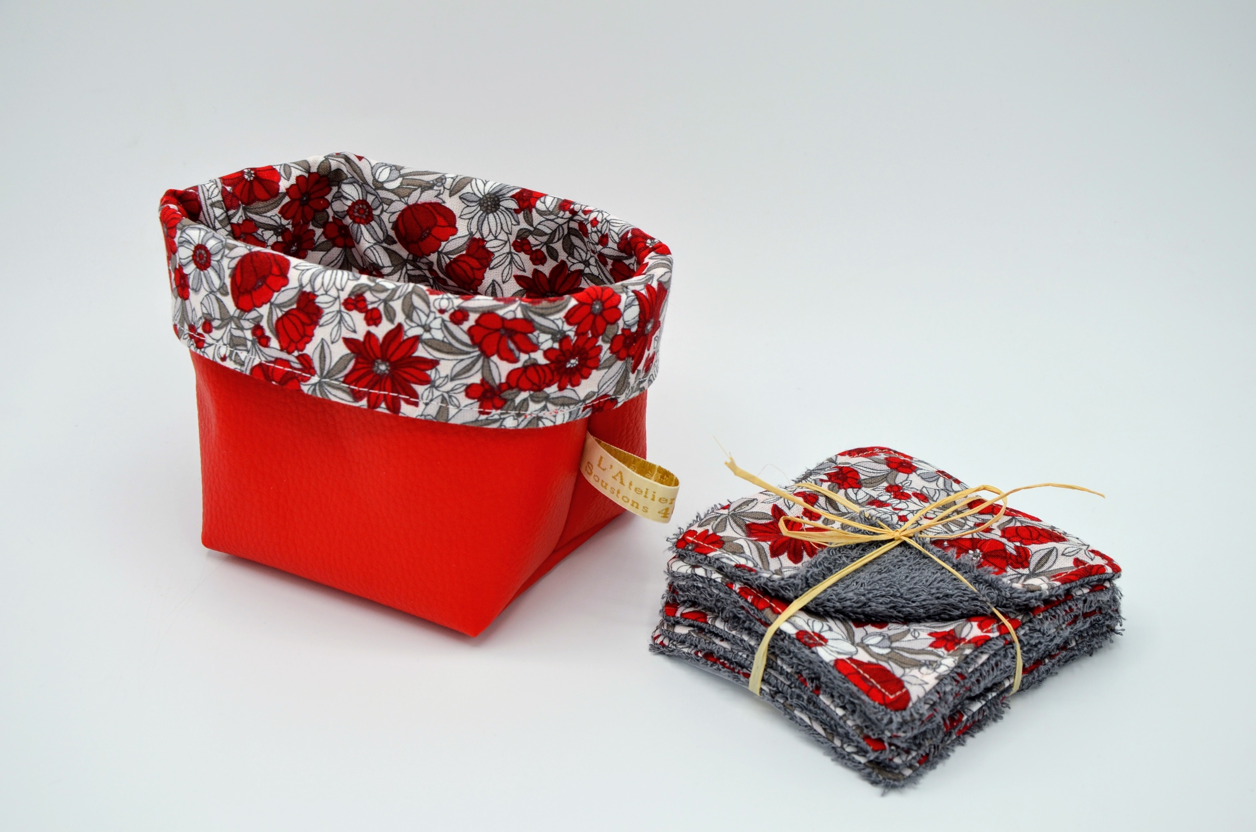 Semainier lingettes démaquillantes lavables bambou avec panière - Fleurs rouge/gris