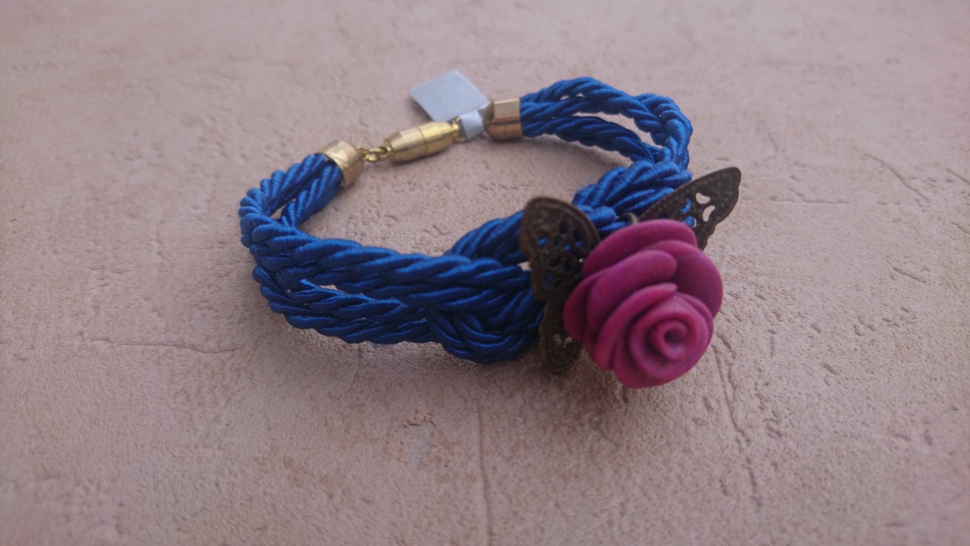 bracelet cordage noeus marin papillon et fleur rose bleu marine or (2)