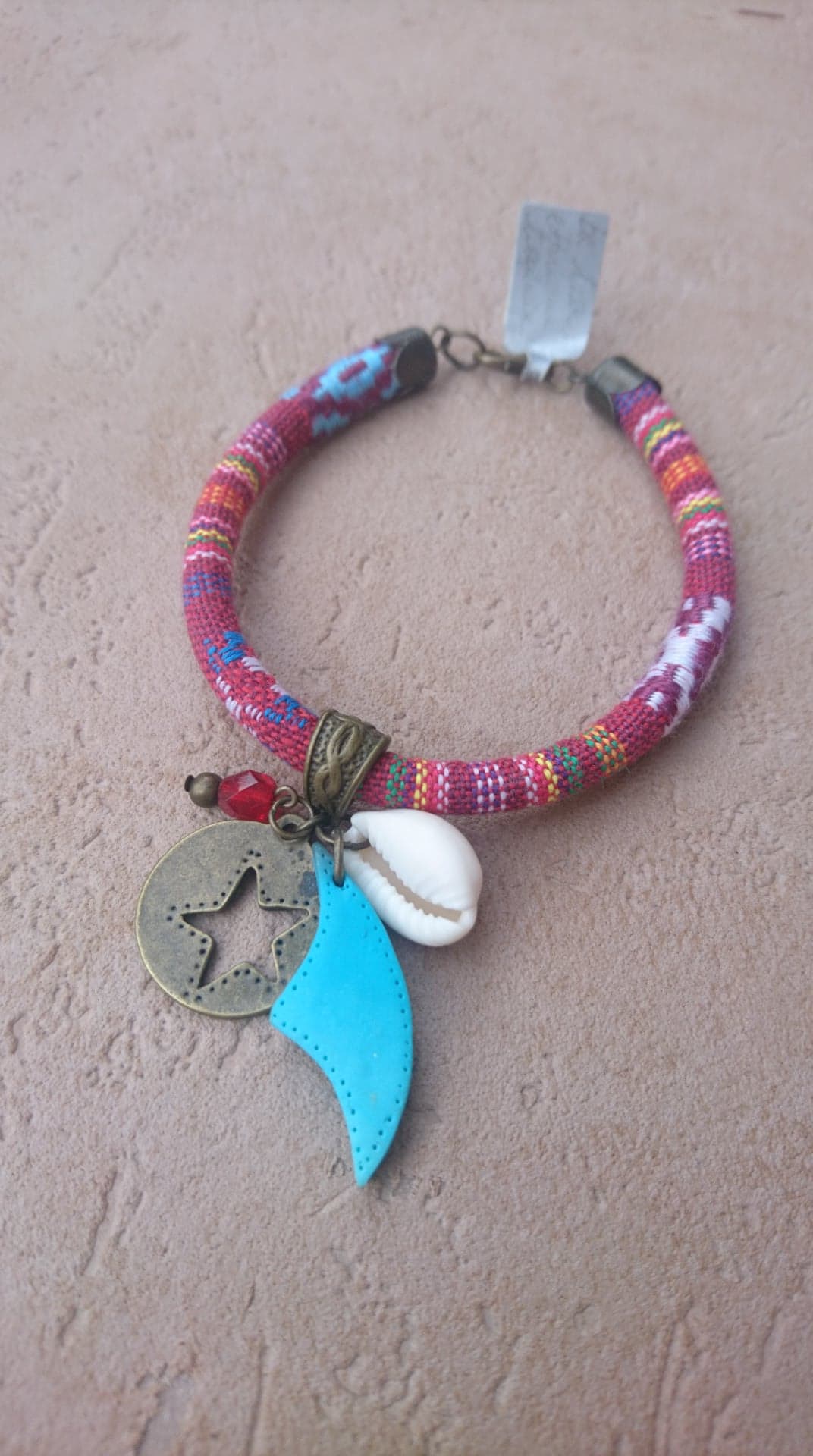 bracelet tissu ethnique aile bleu turquoise étoile et coquillage