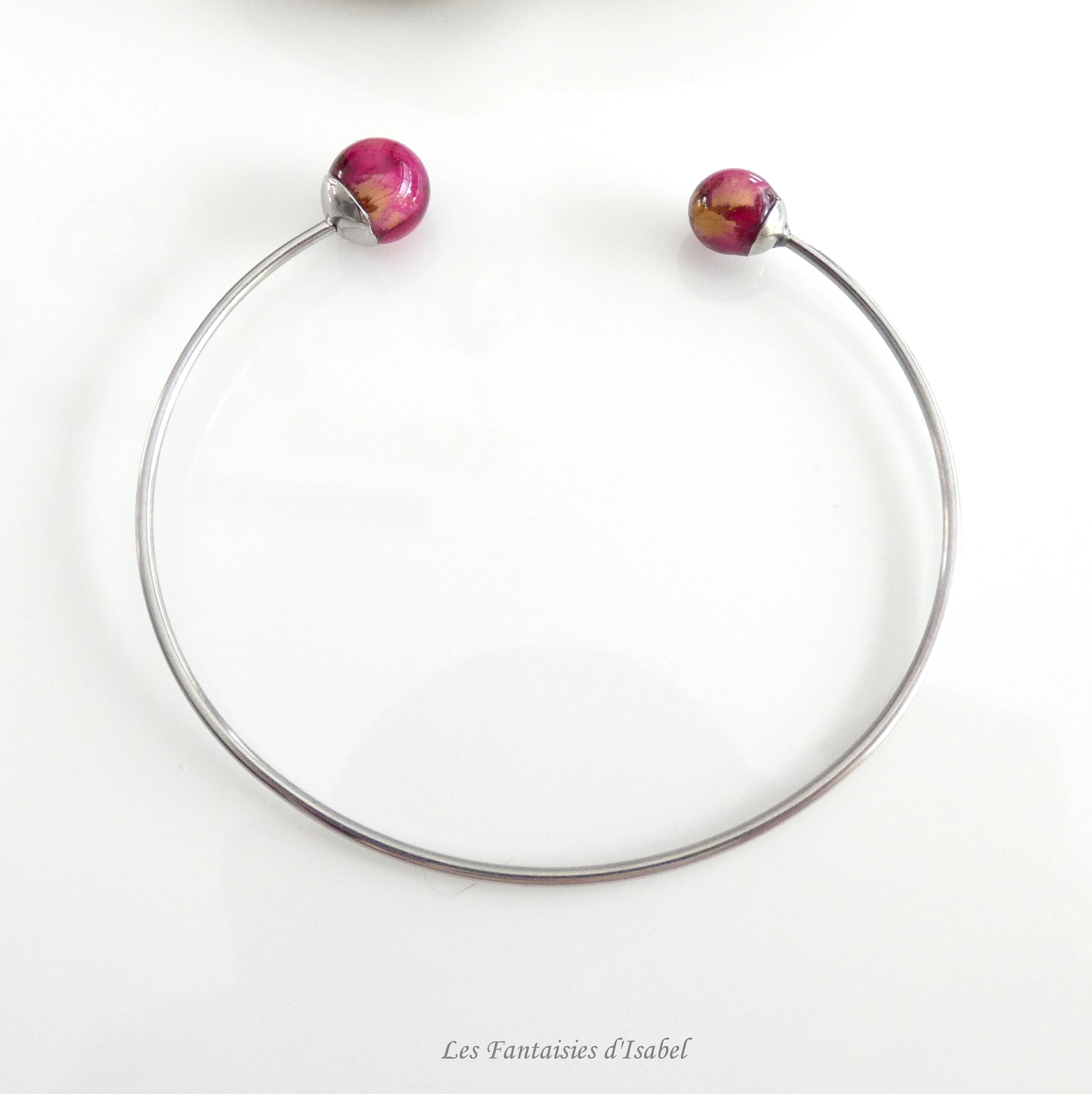 bracelet jonc inox résine et fleurs séchées pétale rose (3)