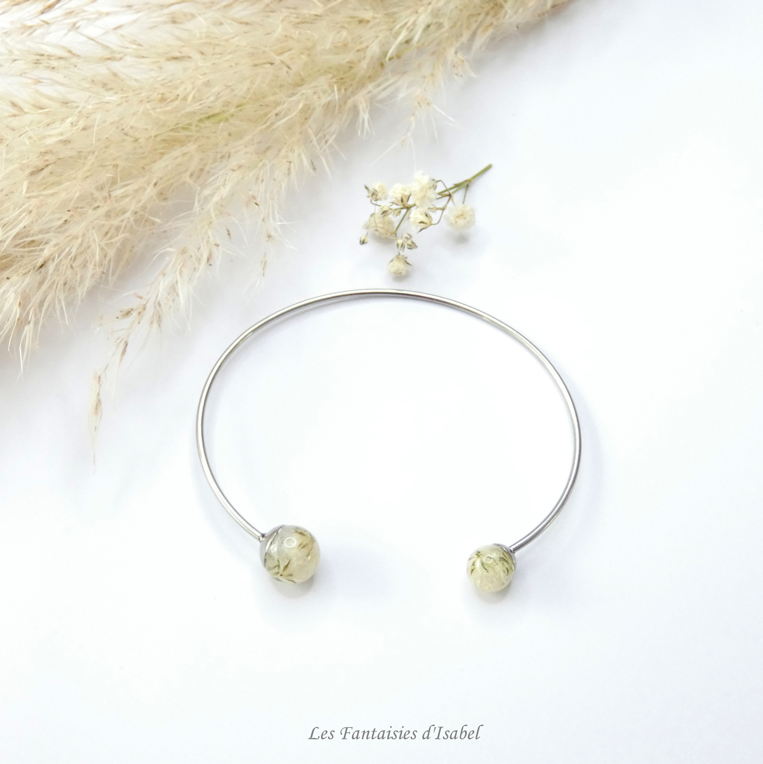 bracelet jonc inox résine et fleurs séchées gypsophile blanc