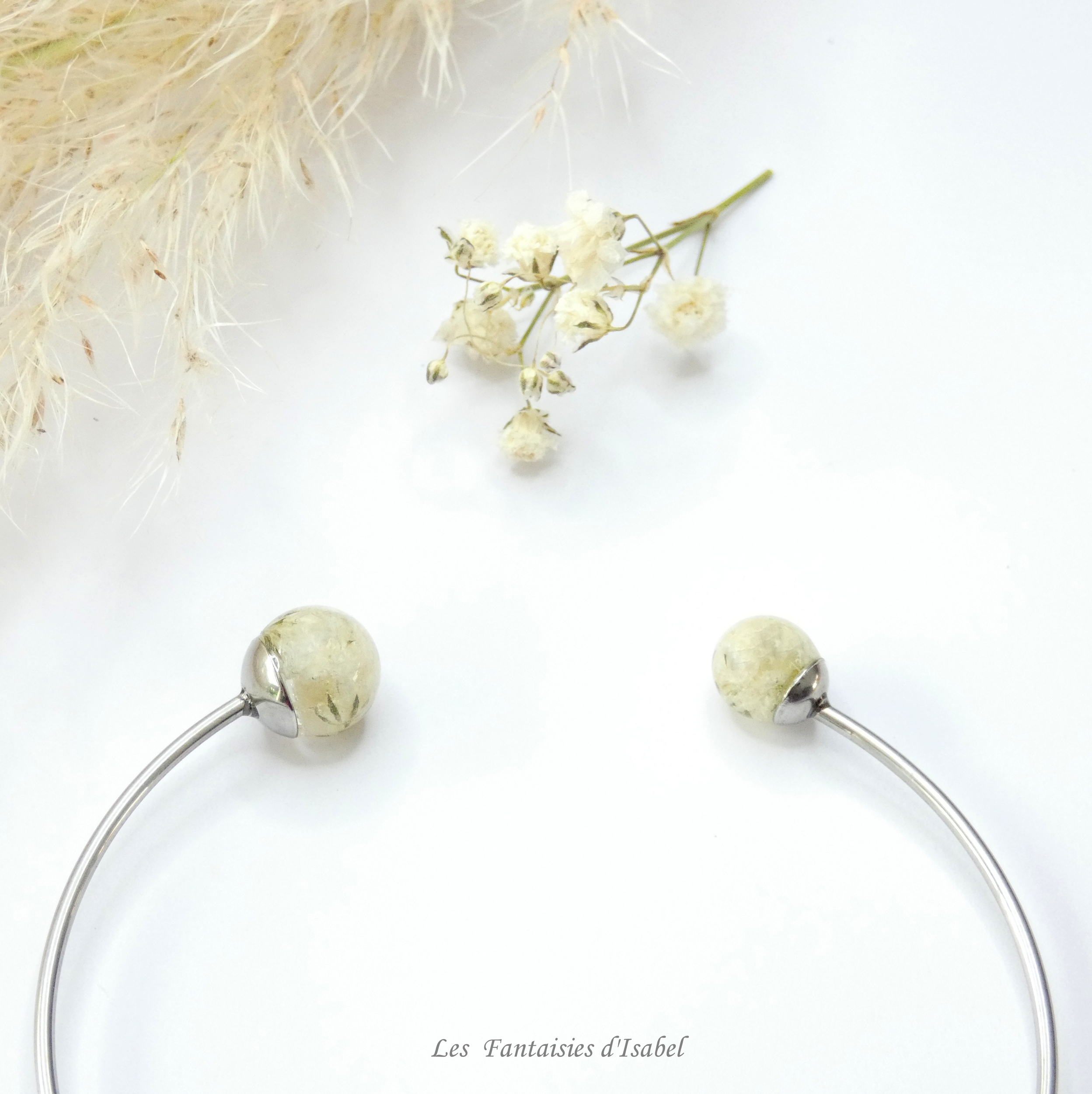 bracelet jonc inox résine et fleurs séchées gypsophile blanc (2)