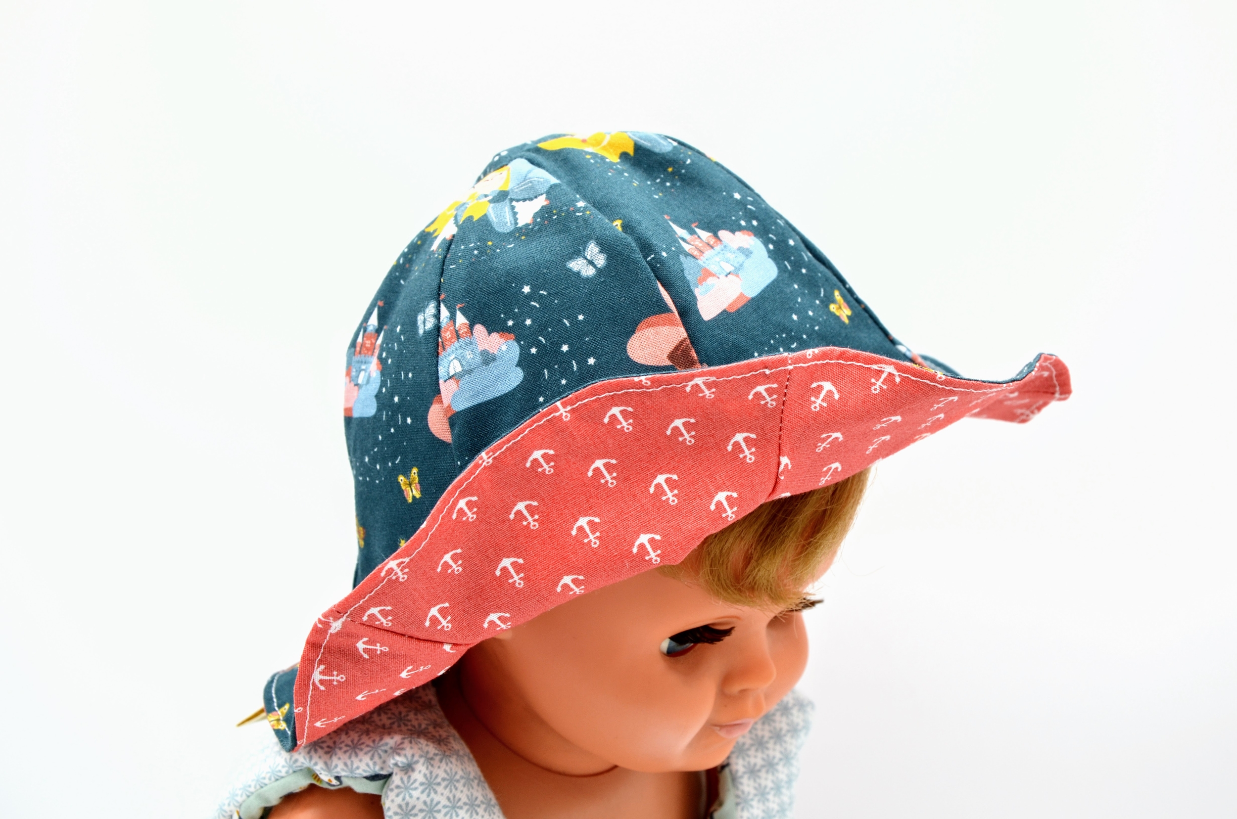 bob chapeau réversible coton enfant bébé fées bleu pétrole ancres marine corail (2)