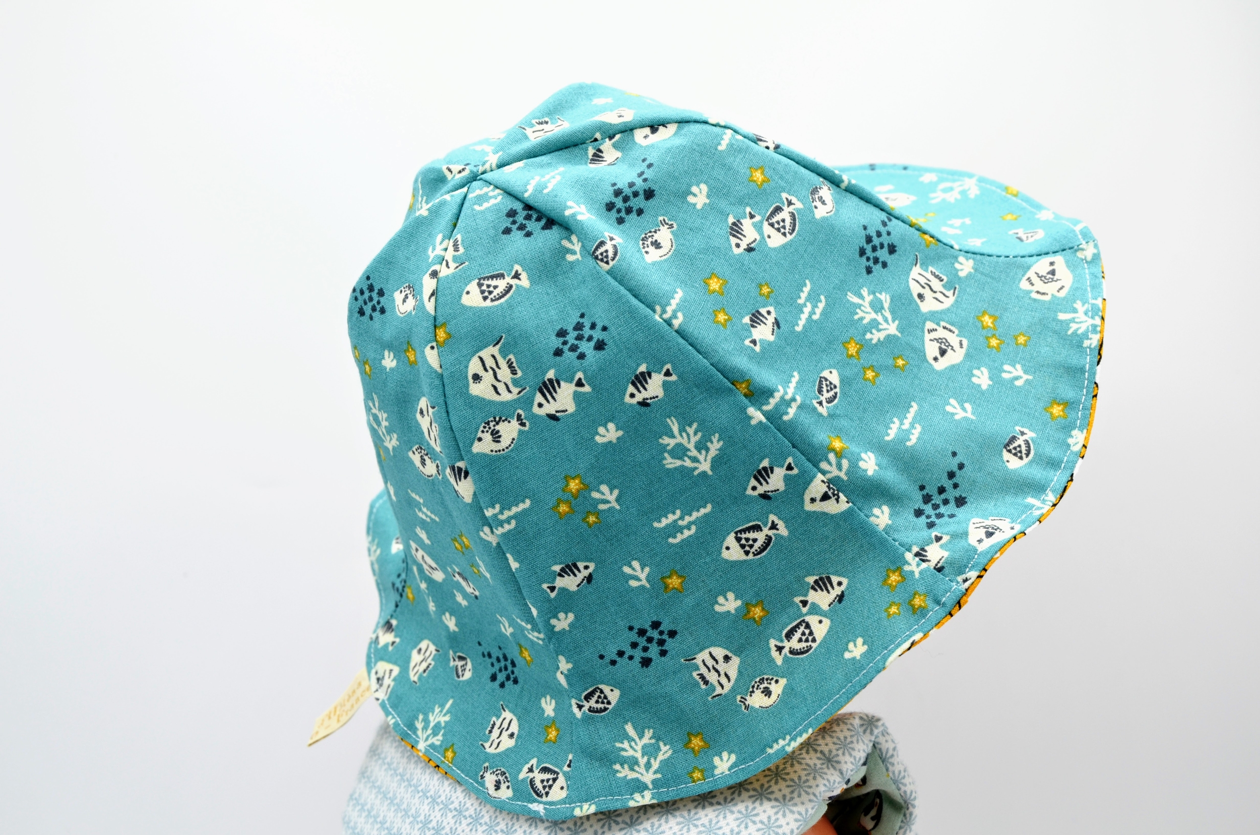 bob chapeau réversible coton enfant bébé poisson bleu turquoise jaune moutarde