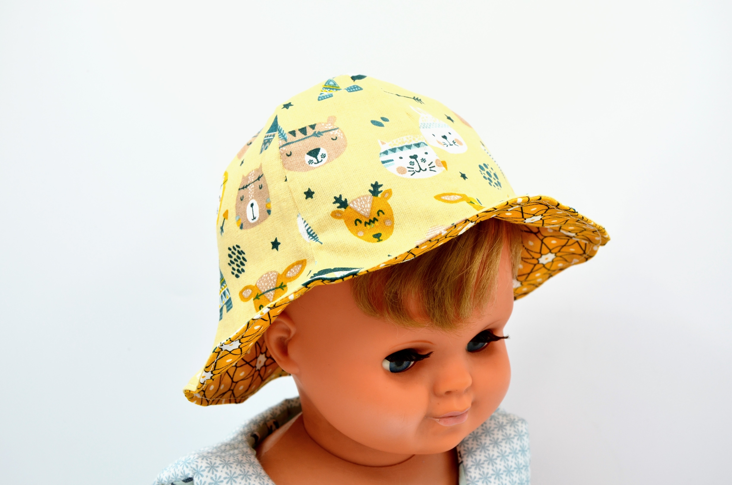 bob chapeau réversible coton enfant bébé animaux tipis indiens savane jaune soleil