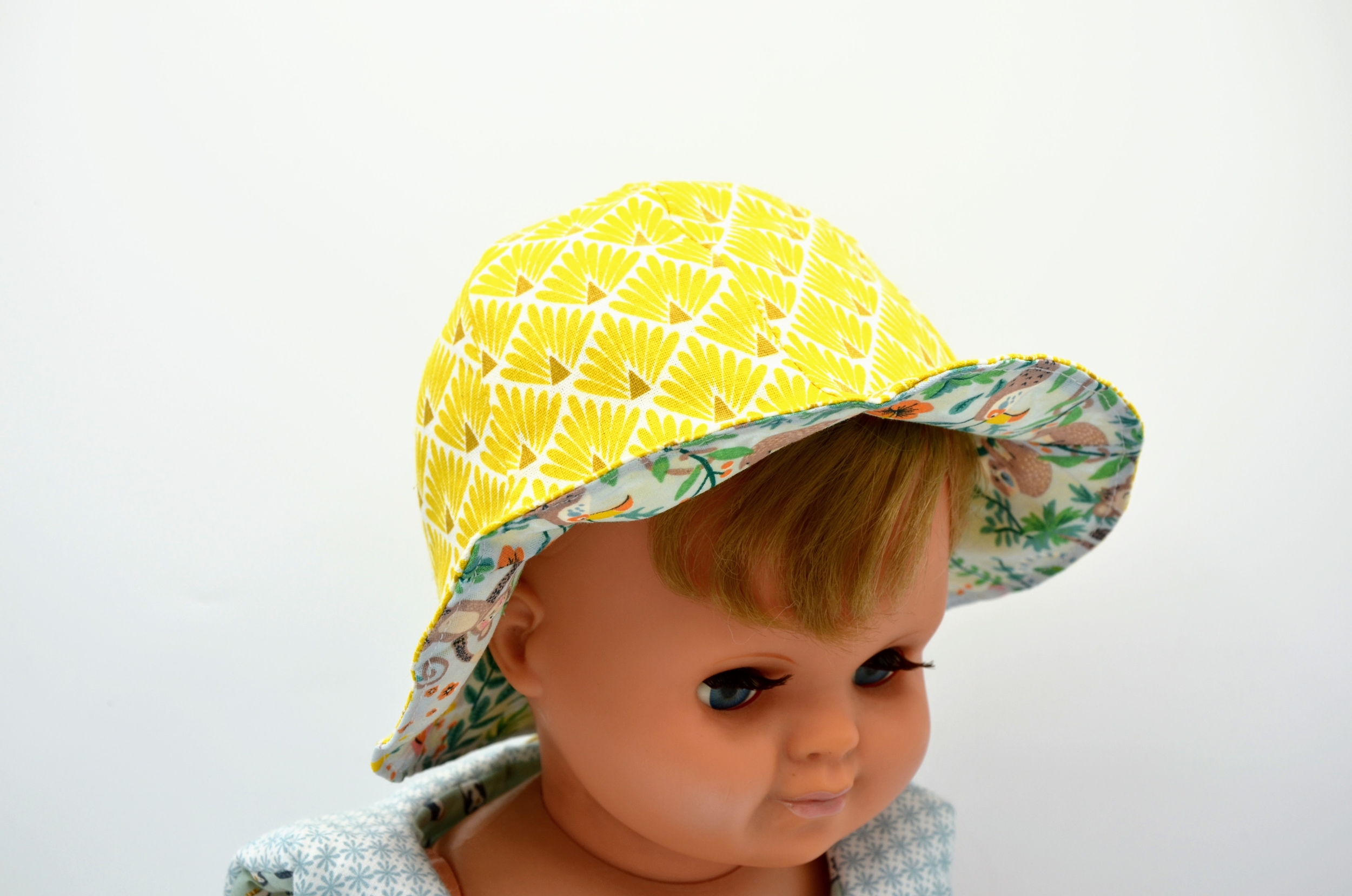 bob chapeau réversible coton enfant bébé animaux jungle bleu ciel jaune soleil (4)