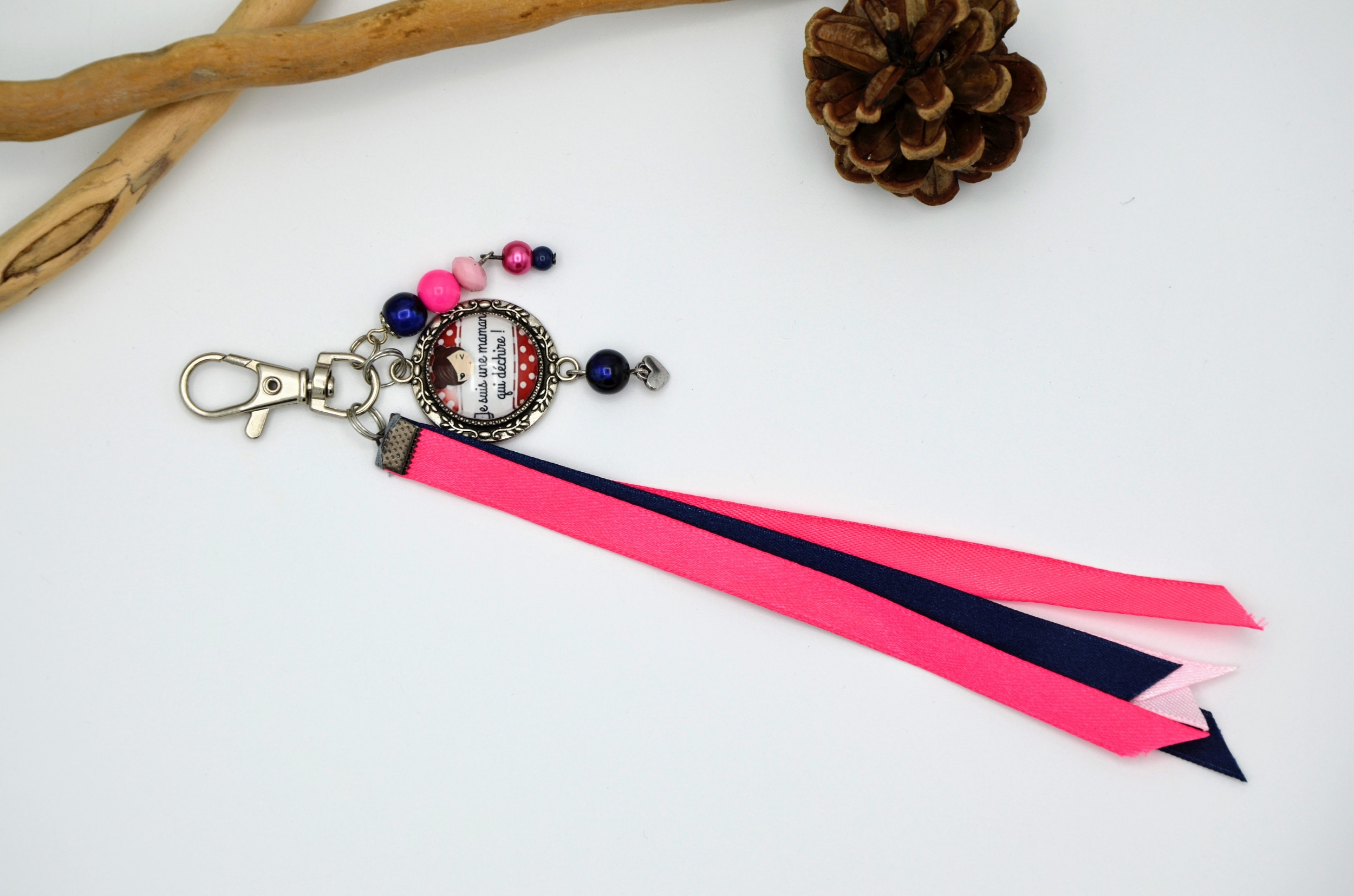 porte clef rubans personnalisé maman qui déchire  rose flashy bleu marine