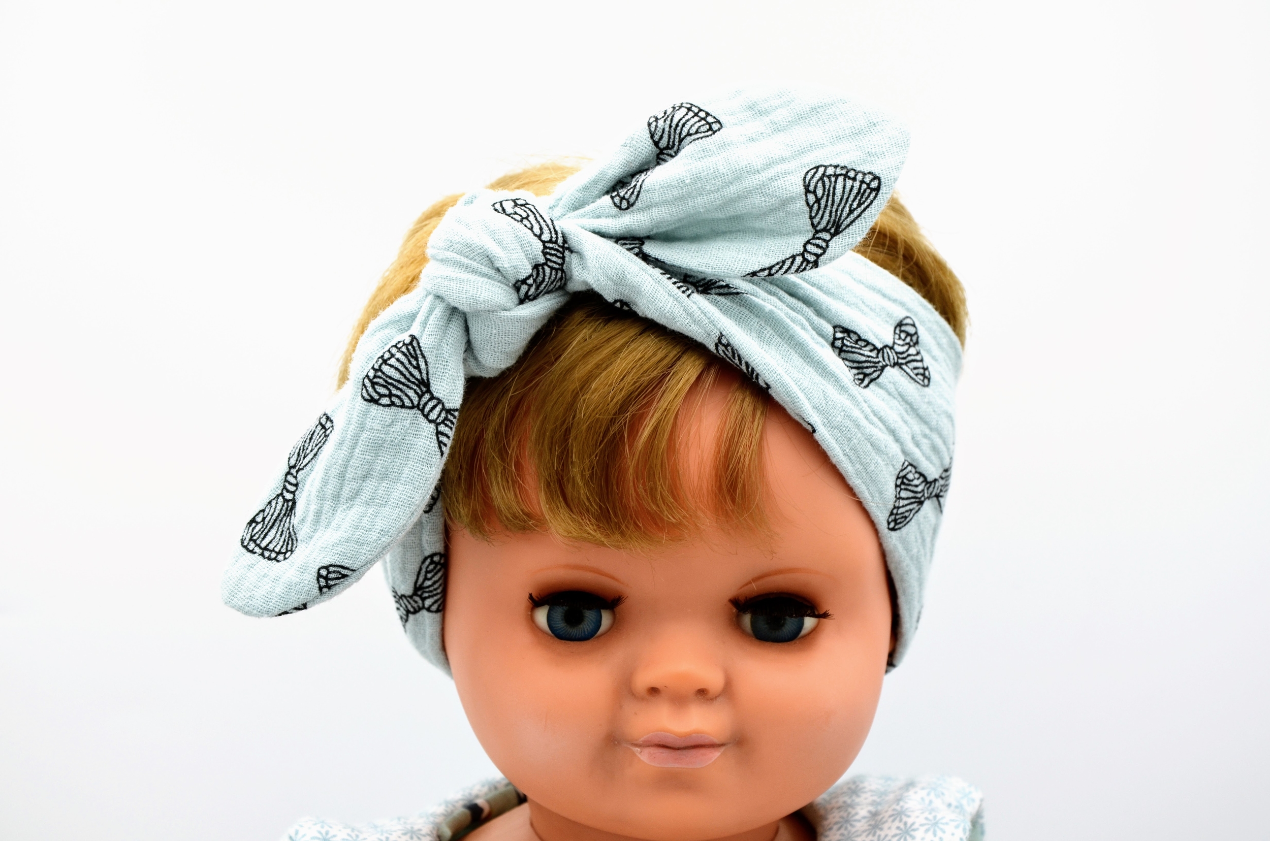 Bandeau évolutif bébé fille double gaze de coton à nouer -Vert d\'eau motifs