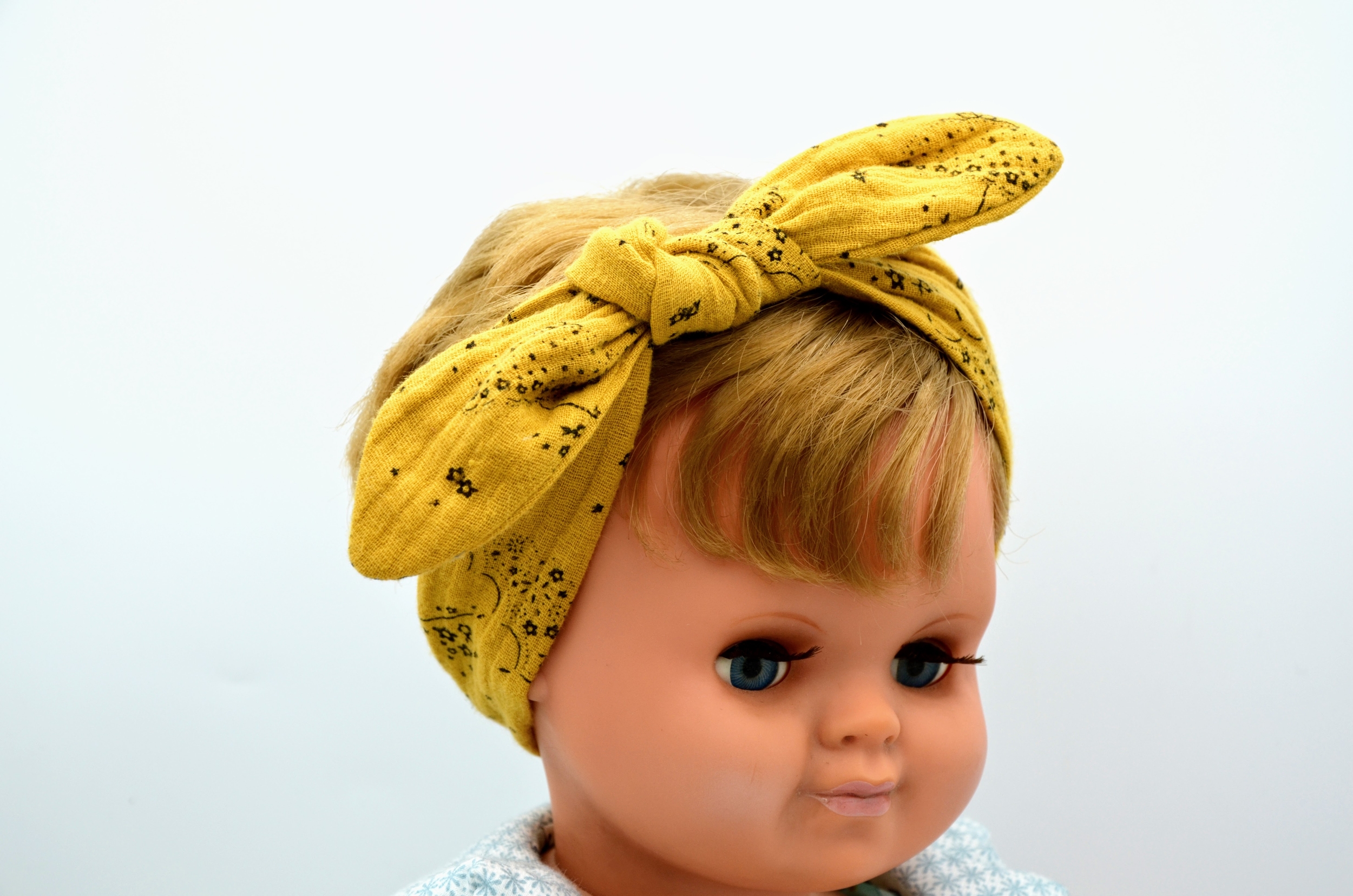 Bandeau évolutif bébé fille double gaze de coton à nouer - Jaune moutarde