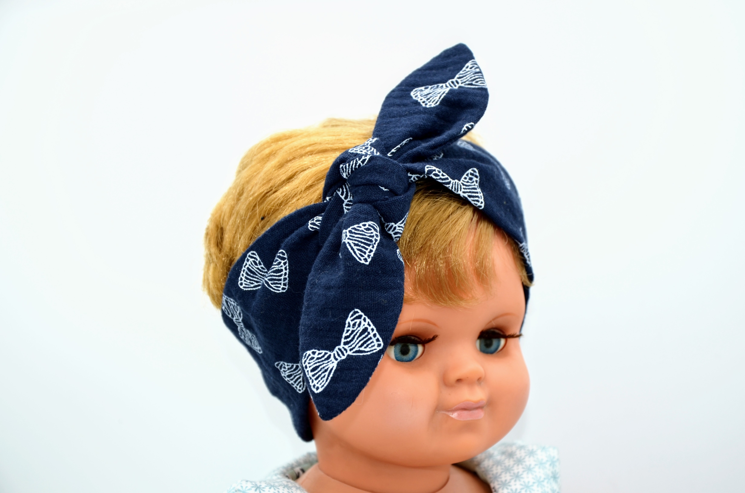 bandeau bébé fille double gaze coton artisanal créatrice francaise bleu marine motifs blancs