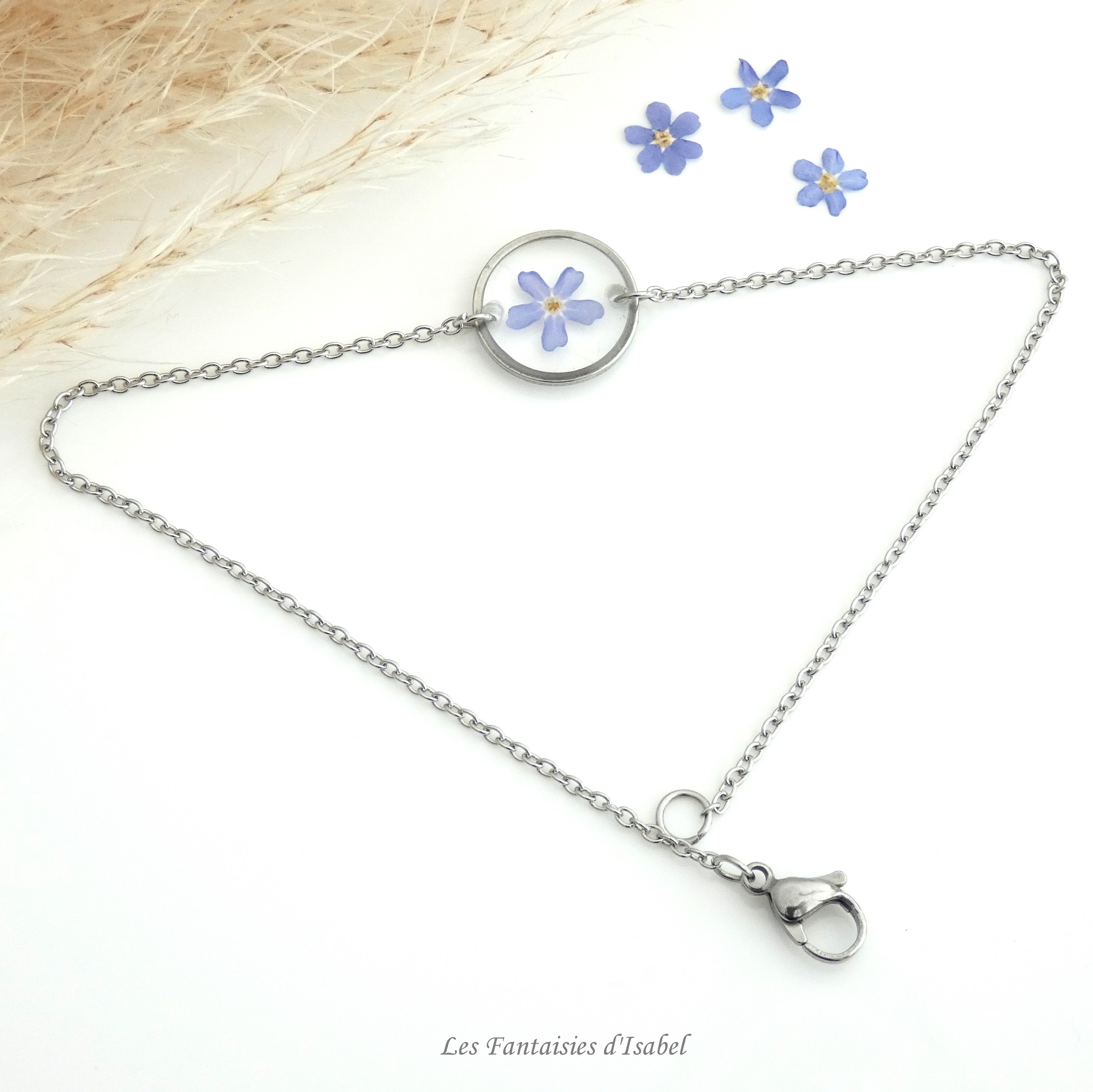 chaine cheville acier inox fleur séchée blanche rond myosotis bleu argenté (2)