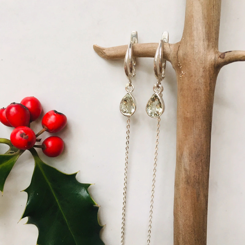 boucles oreilles chaine longue argent artisanal amethyste verte