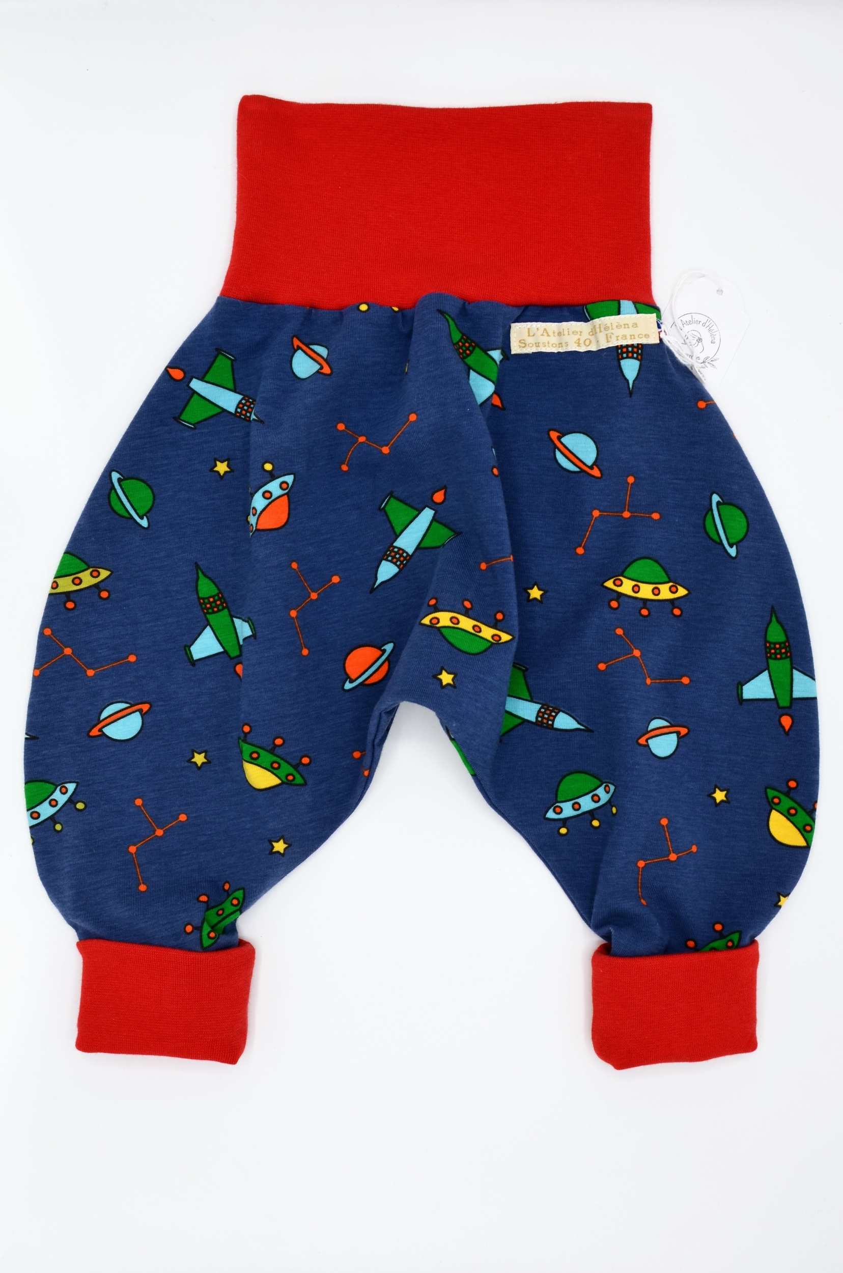 sarouel jersey extensible coton motifs planètes et fusées astronomie rouge et bleu artisanal créatrice francaise