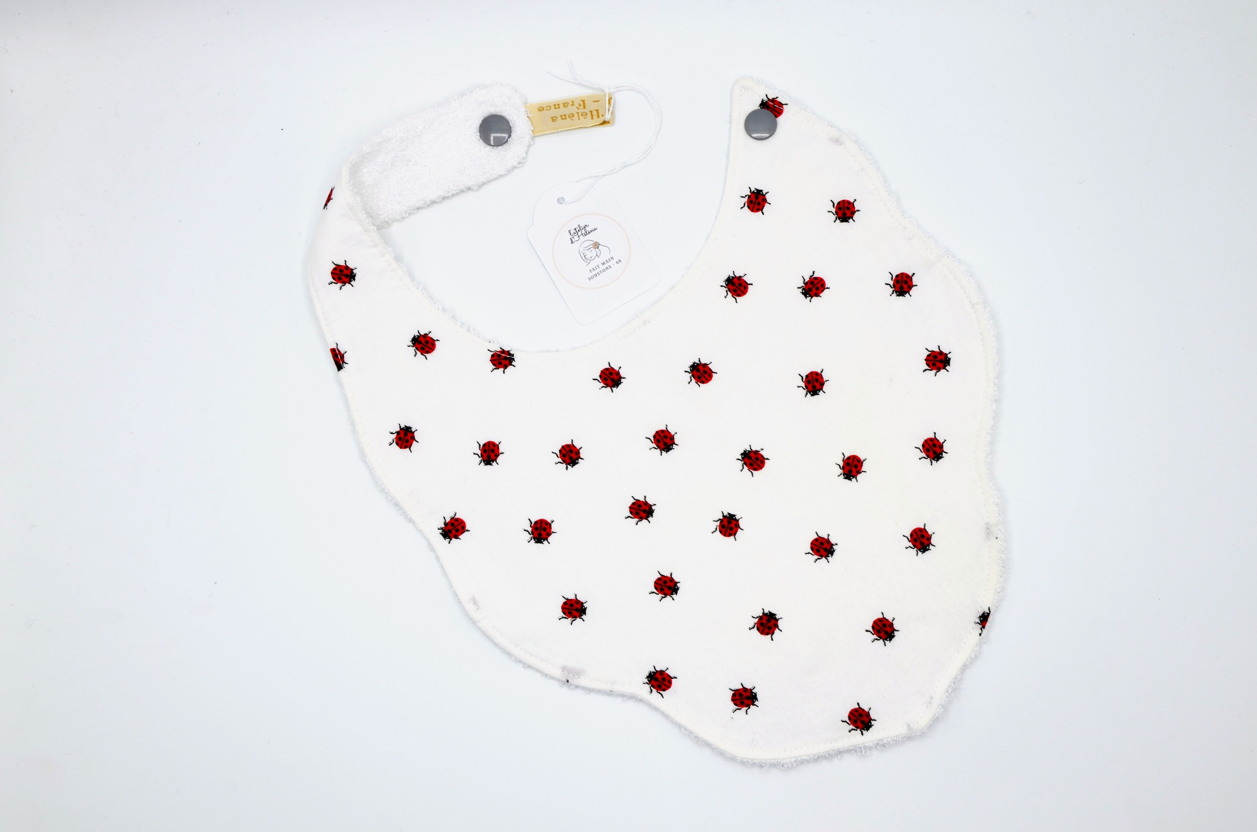 bavoir premier age artisanat francais coton et eponge bambou  coccinelles rouge blanc