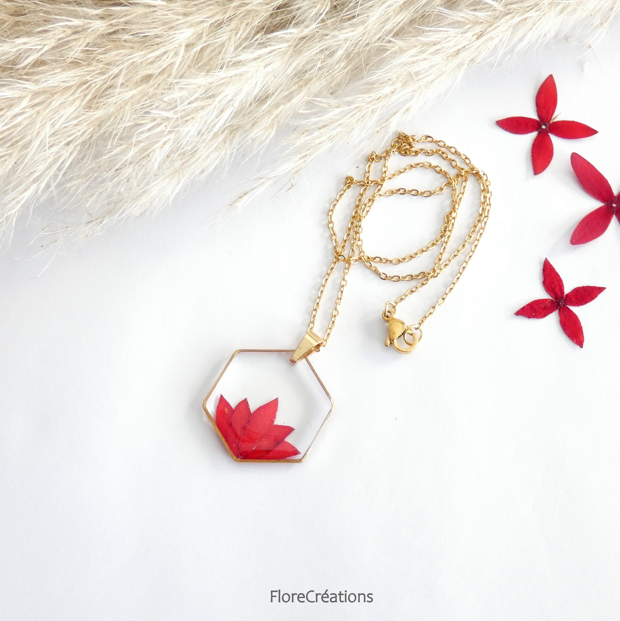 collier chaine pendentif fleur ixora martinique rouge acier inox doré (9)
