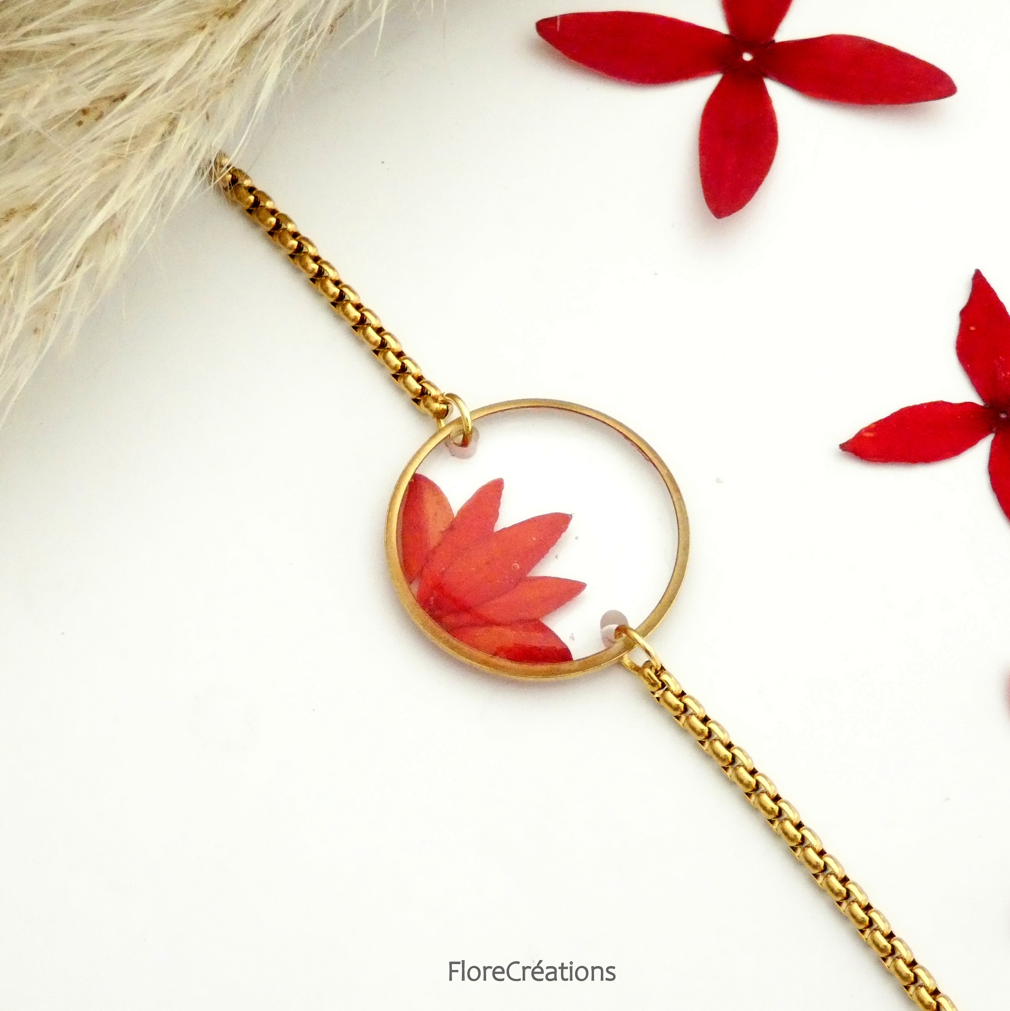 bracelet ajustable acier inox fleur ixora martinique rouge doré (3)
